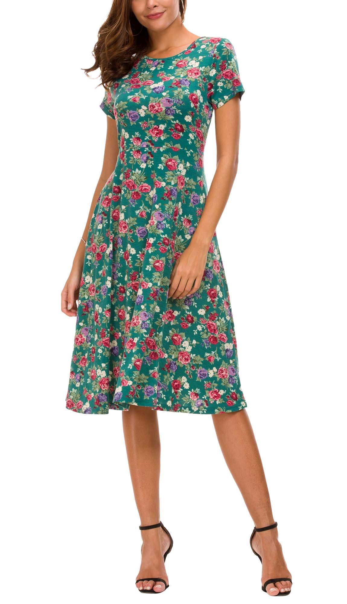 EXCHIC Clásico Estampado Floral Cintura Alta Midi Vestido de Mujer Elegante Manga Corta Largo Vestido