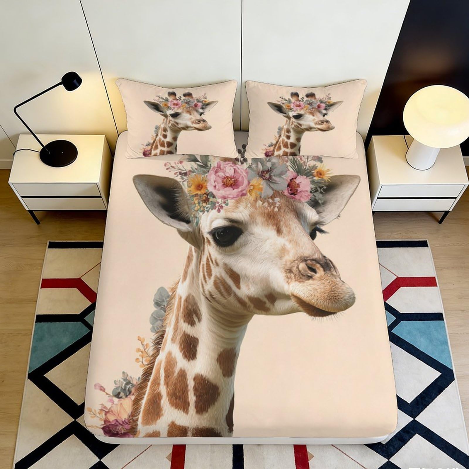 3D Printed Giraffe Floral Fitted Sheet Microfiber Soft Decorative Animal Bed Cover for Bedroom Guest Dorm Mattress Protection 90x200x25cm