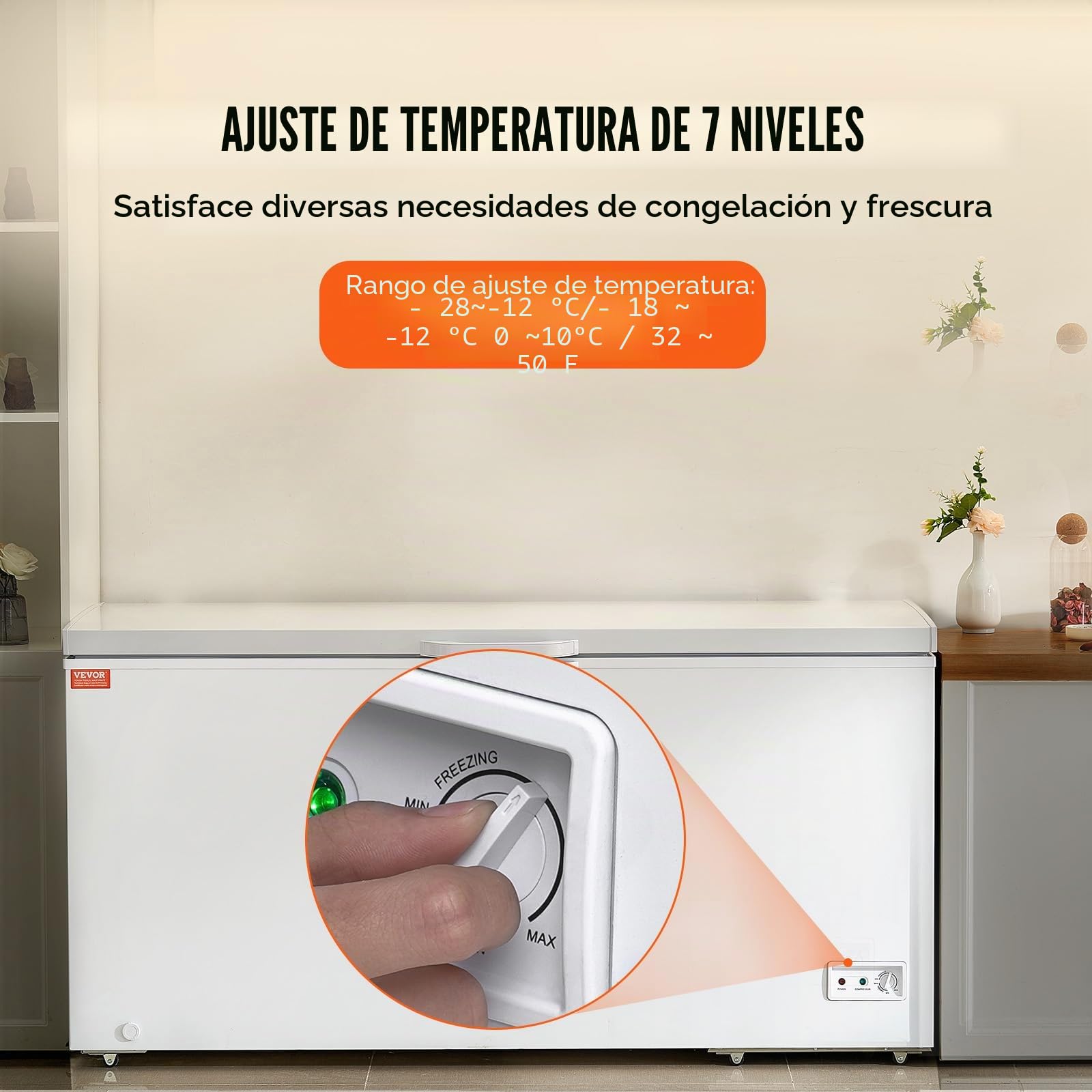 VEVOR Congelador Horizontal Grande de 488 L y 4 Cestas Extraíbles Independientes con Puerta Abierta Superior con Tapa de Bloqueo Temperatura Ajustable de 7 Niveles Iluminaciones LED 6 Ruedas
