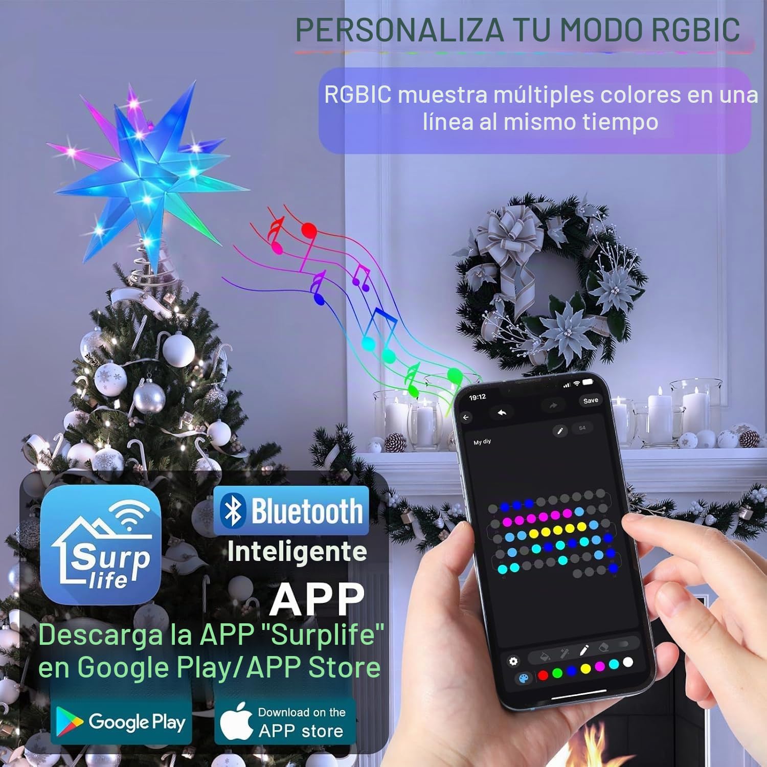 Estrella Arbol de Navidad 3D iluminada,Decoracion arbol de Navidad iluminada Inteligente de 10‘’ en Punta de árbol, Control por aplicación Bluetooth, sincronización de música