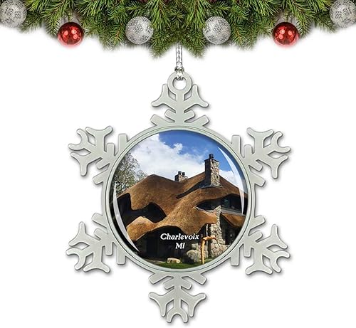 Charlevoix Mushroom House Michigan USA Adorno de Navidad Decoración de árbol de cristal Metal Souvenir Regalo