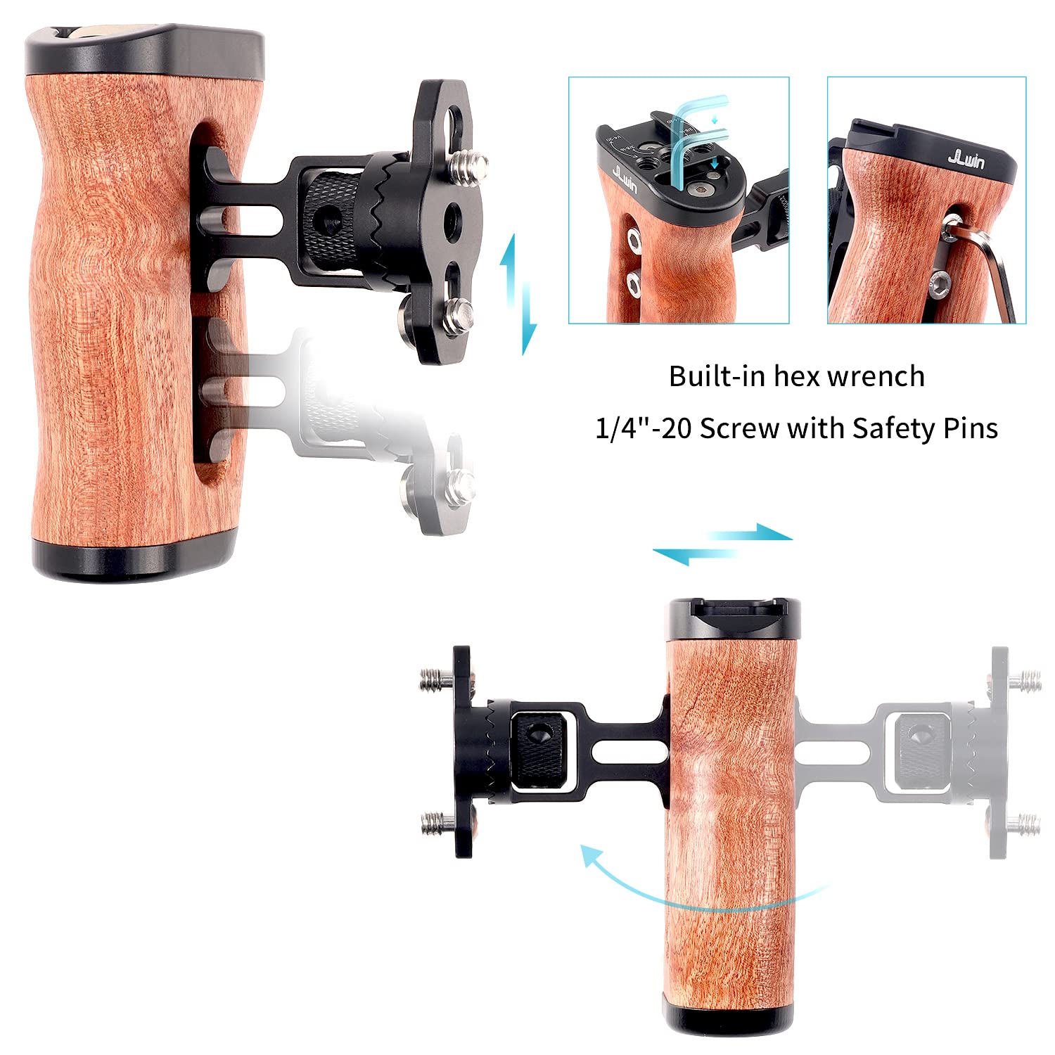 FOTGA Wooden Side Handle Grip Left/Right Handgrip with 1/4"-20 & 3/8"-16 & Cold Shoe Mount Universal for DSLR Mirrorless Camera Cage Rig LED Light (Quick Release Version) - Image 2