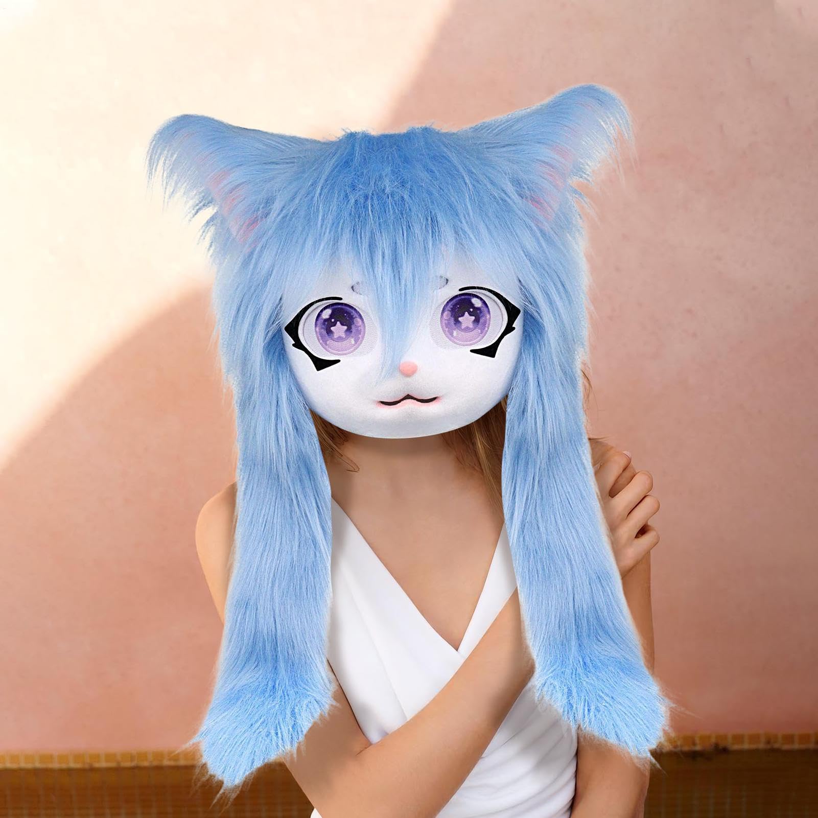 Cabezas peludas para cosplay, máscara de gato con ojos grandes, pelo largo, accesorio de disfraz realista, accesorios de cosplay para actuaciones de teatro, fiesta de Halloween, bailes de máscaras