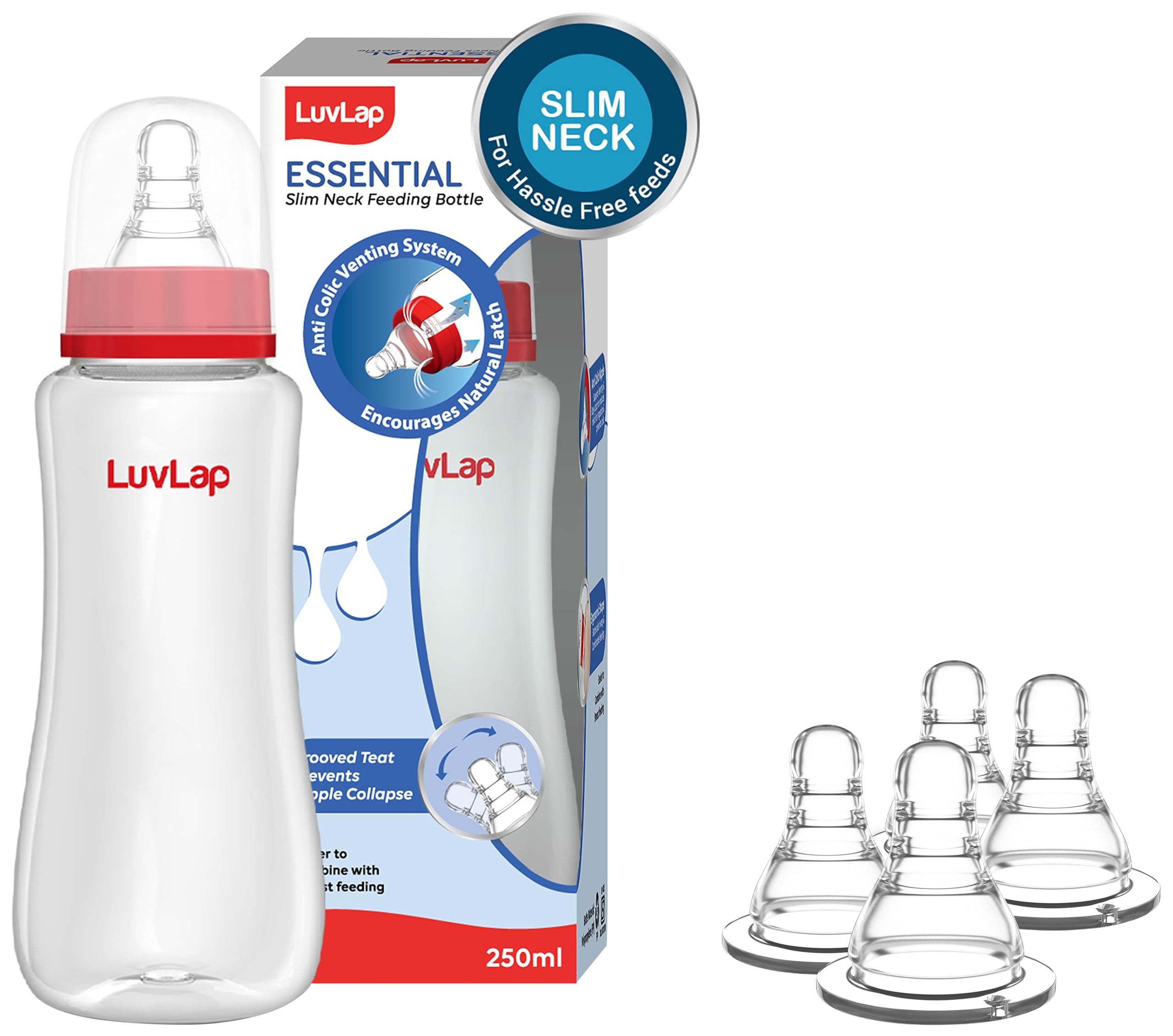 Anti-Colic Essential Teat/Nipple for Slim Neck Bottle, 4pcs, Medium Flow, 3m+ & LuvLap Anti-Colic Slim/Regular Neck Essential Baby Feeding Bottle, 250ml