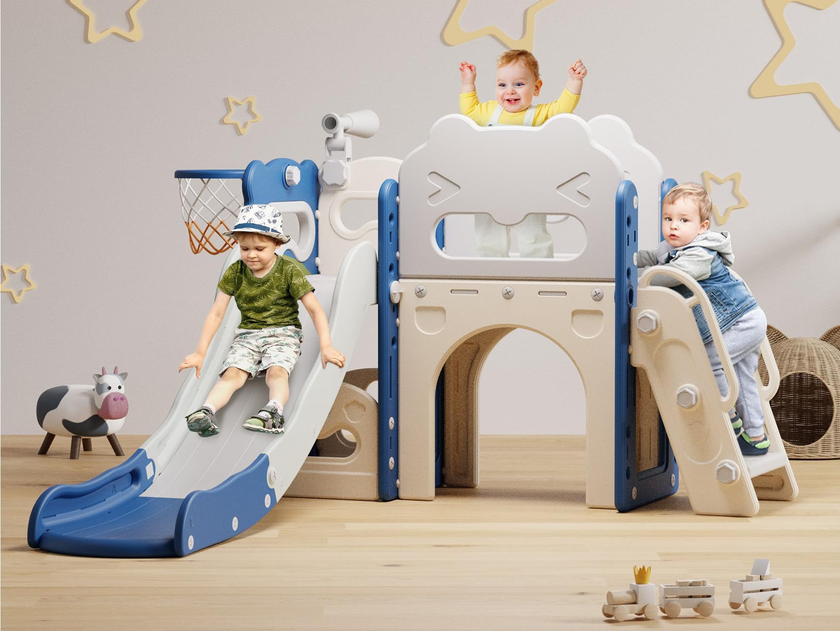 Babytronic Toddler Slide, 7 in 1 Kids Indoor Slide for Toddler 1-3, Indoor Outdoor Toddler Slide Playset with Basketball Hoop and Telescope, Baby Indoor Slide Toddler Playground(Blue&Gray)