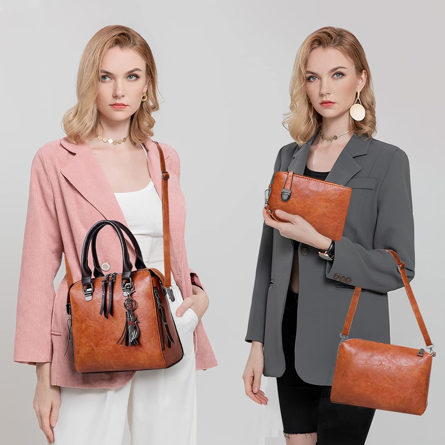 PORRASSO Women Handbag Purse 4Pcs Vintage Shoulder Bag PU Leather Crossbody Clutch Bag for School Work Travel Brown - Image 3