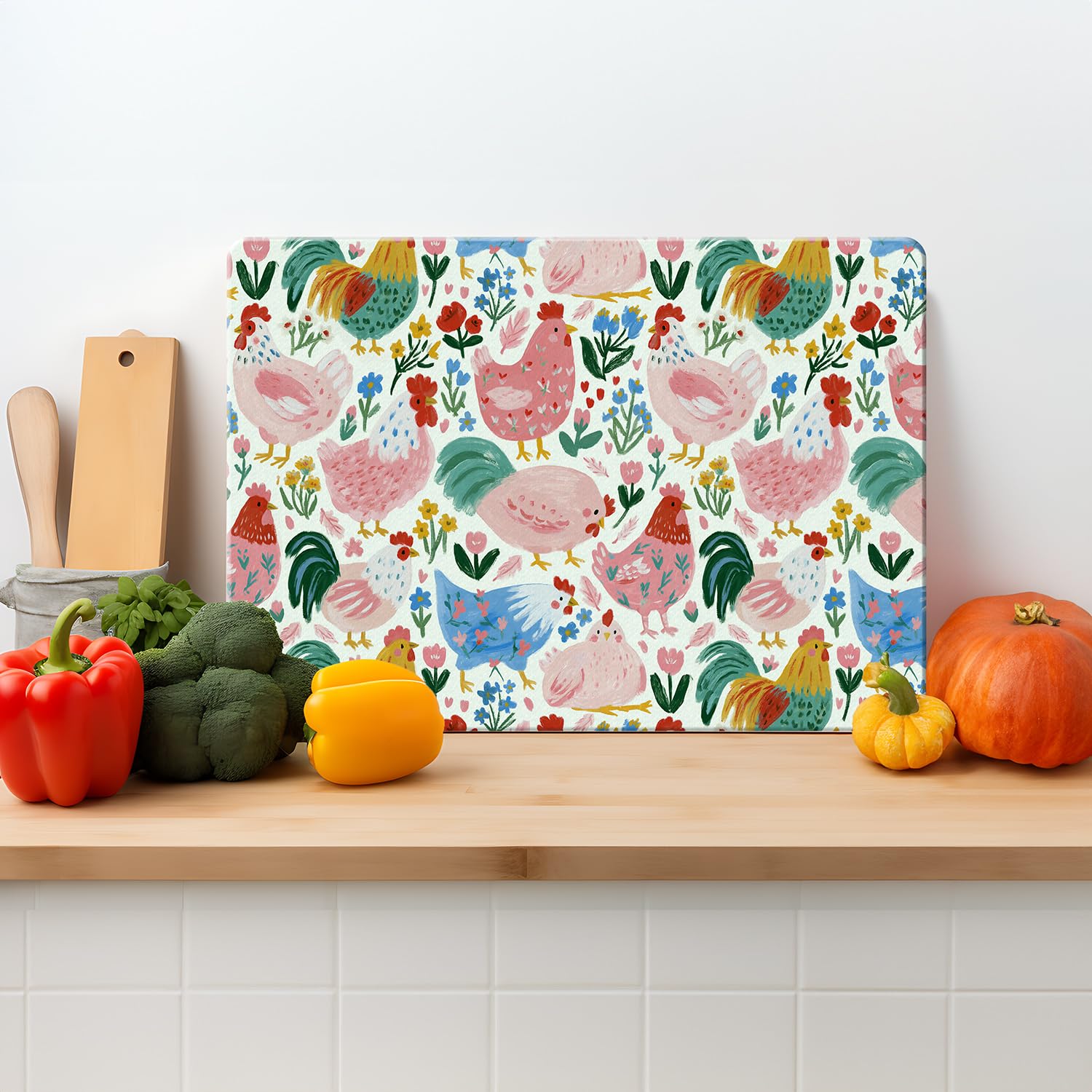 Glass Chopping Board – Pastel Farmyard Chickens – Textured Tempered Glass Cutting Board – 39 x 29cm Kitchen Worktop Saver – Non Slip, Heat Resistant, Easy Clean Large 39cm x 29cm
