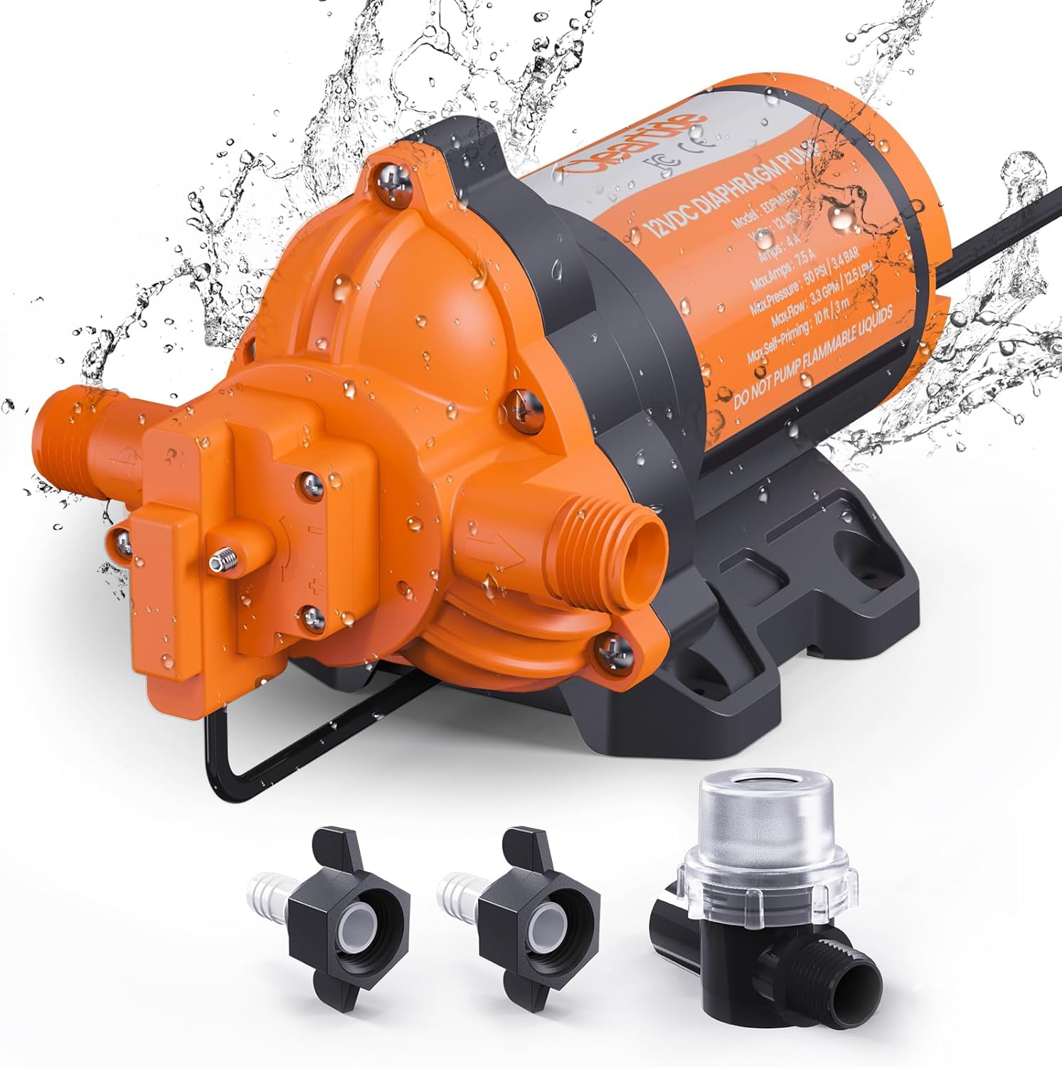Cleartide DC Diaphragm Water Pump, 12V, 3.3 GPM, 50 PSI