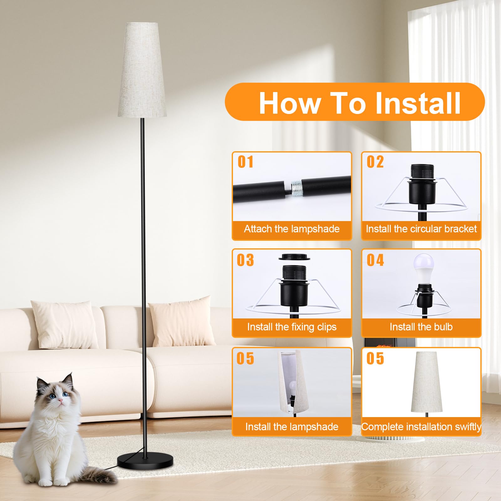 LED stehlampe wohnzimmer mit schirm 9W, LED Leselampe Stehlampe dimmbar mit Fernbedienung&Fußschalter, 170cm Hohe mit Leinen-Lampenschirm & LED-Lampen Nachtlicht Kinder