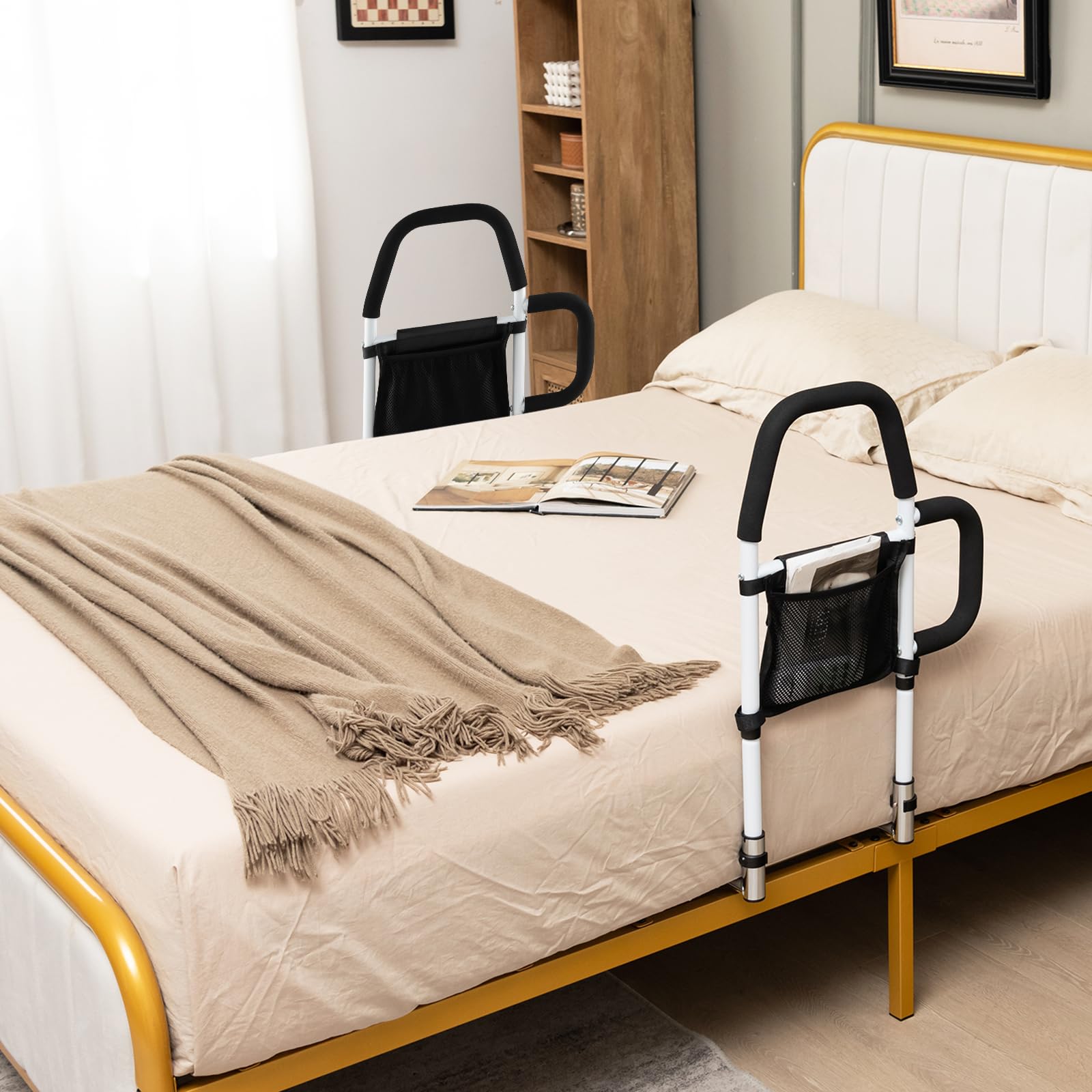HOMASIS Barrera de cama para personas mayores, con correa de seguridad y bolsa de almacenamiento, barrera de metal para personas discapacitadas, niños, capacidad de carga 136 kg, apto para varias