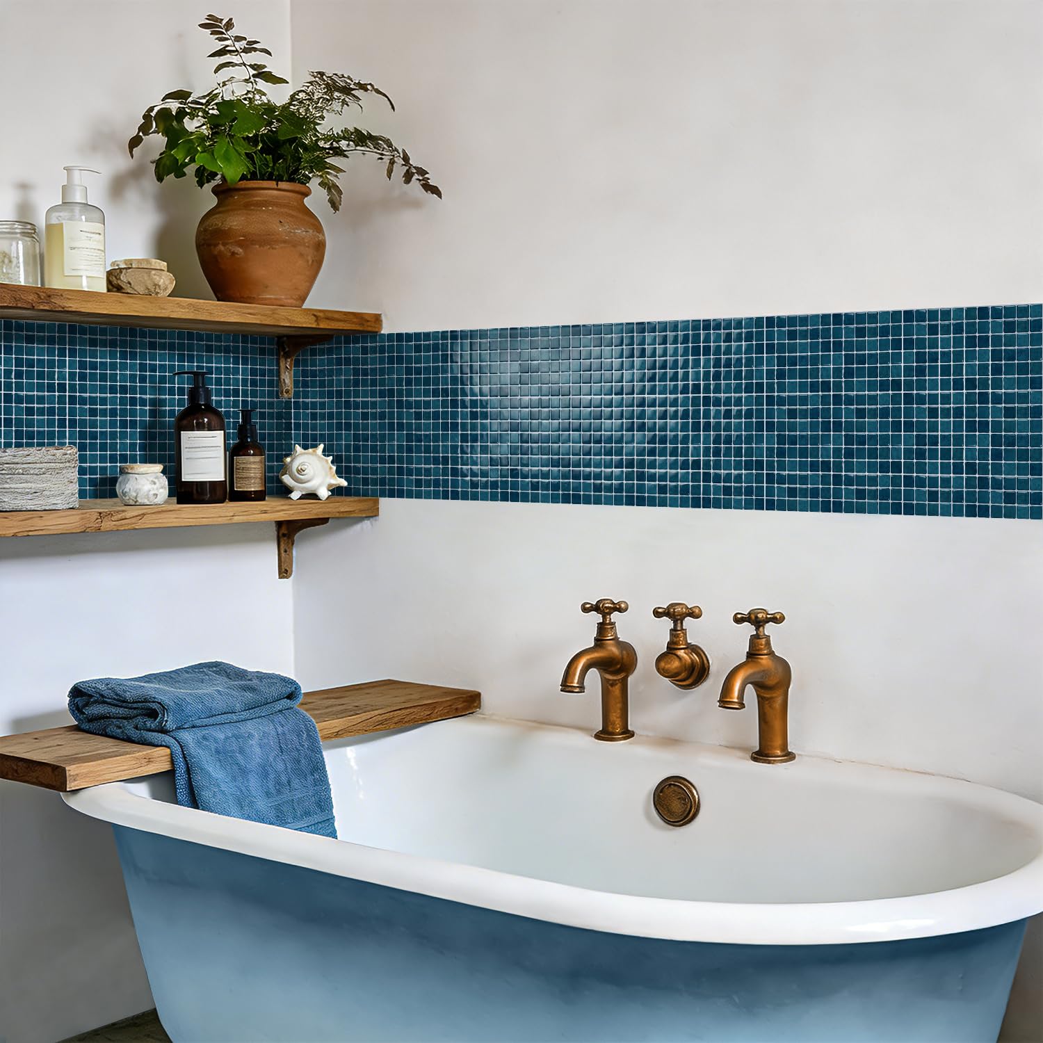 Alwayspon 15x15cmx10Pcs 3D Mosaic Self Adhesive Wall Tile Sticker Transfers, Peel and Stick Adhesive Waterproof Splashback Stick on Tile Decals for Kitchen Bathroom Wall, Deep Ink Blue