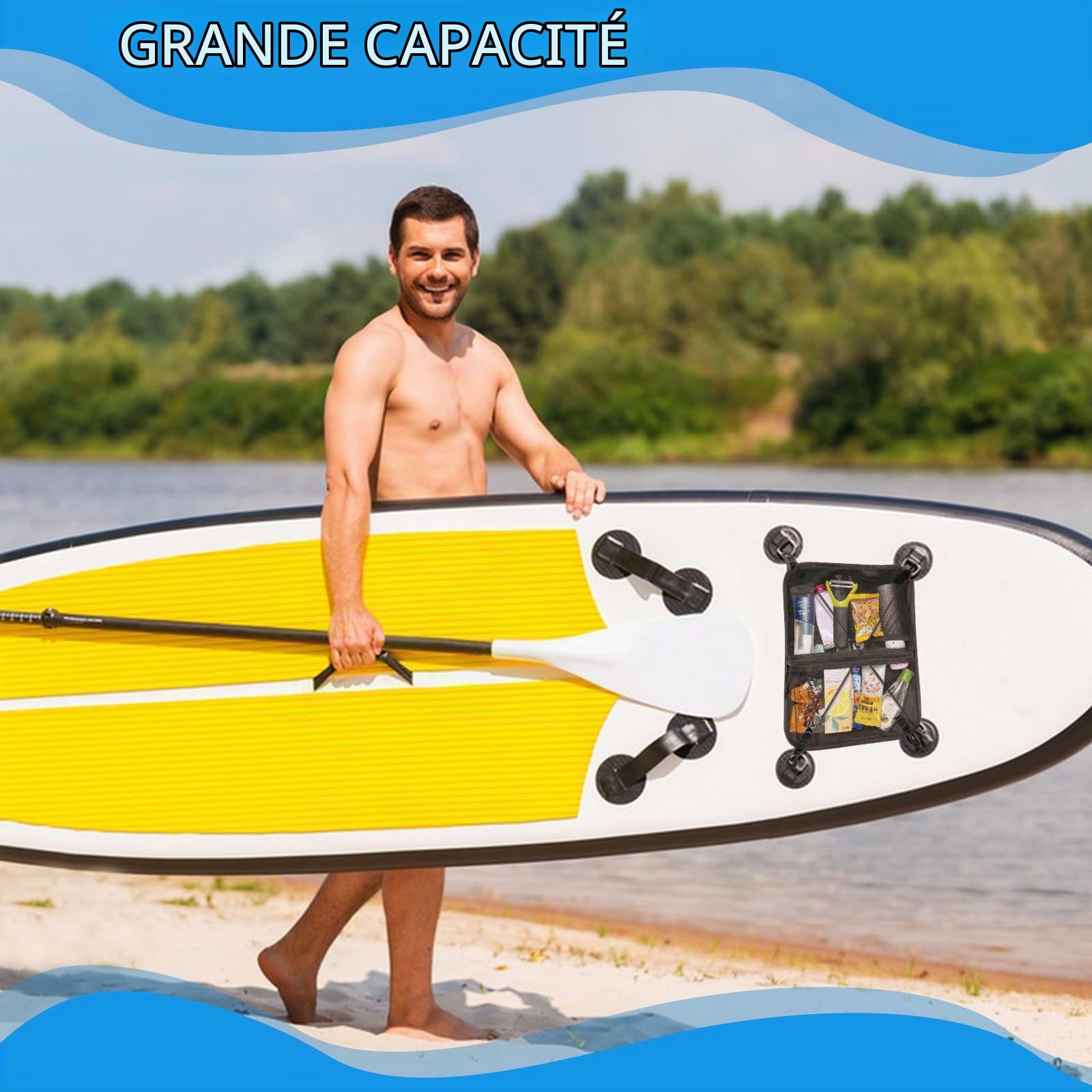Sac de Rangement en Maille, Sup Paddle Board Deck Bag, Sacs de Rangement Légers pour Canoë avec Boucle Fixe pour Planche de Surf Stand Up Paddle, Kayak