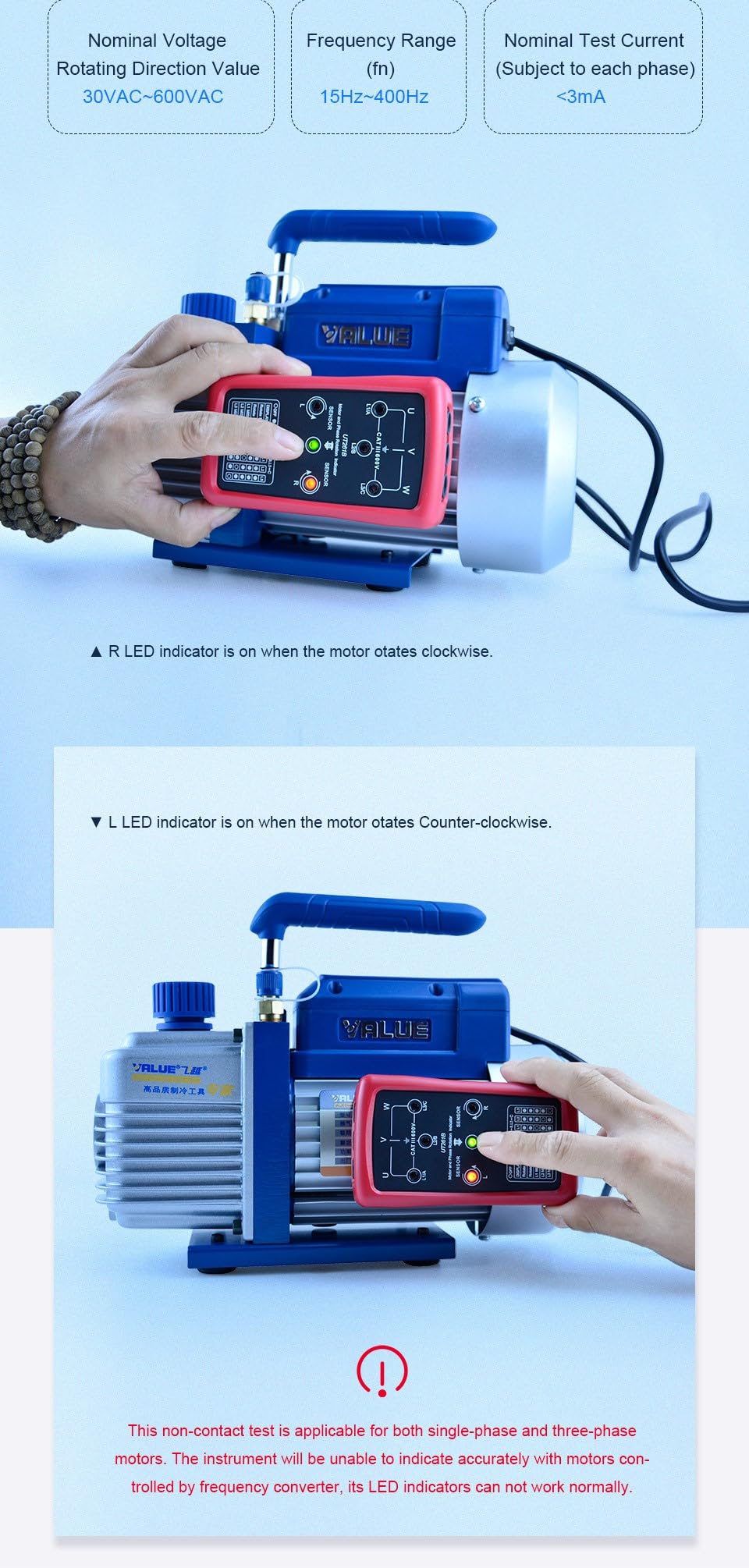 BuyWeek Medidor de Secuencia de Fase Probador de Rotación, UT261B 90V-600V AC 15 Hz-400 Hz con Manual