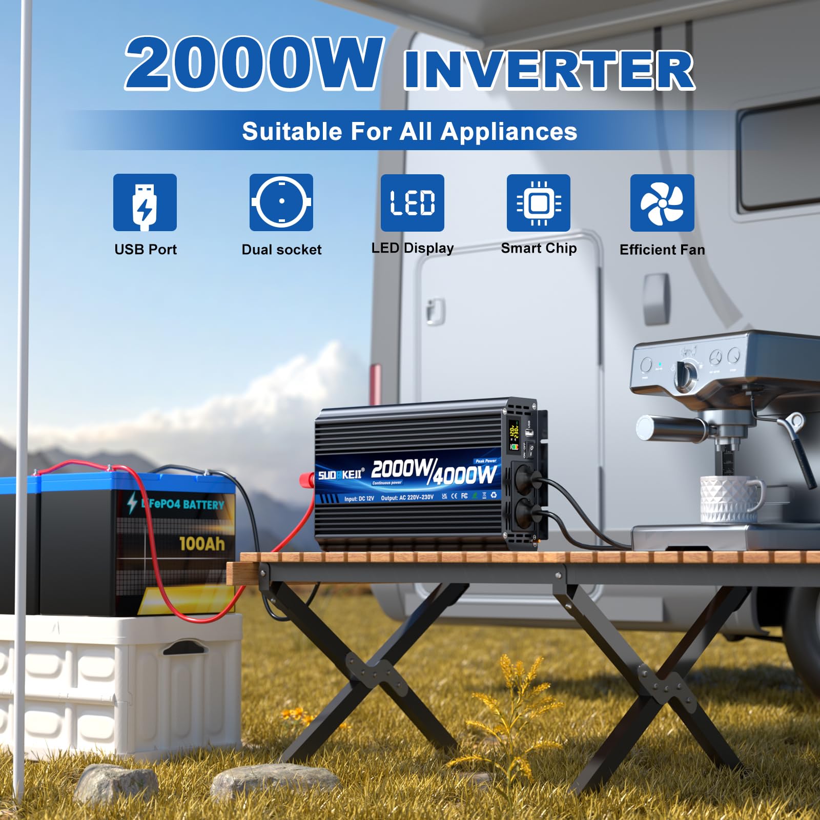 Onduleur 12 V 230 V 2000 W/4000 W Convertisseur de Tension Sinus modifié Onduleur Sine Wave avec 2 Prises CA et Ports USB et Type-C pour Voiture, Camping-Car, véhicules