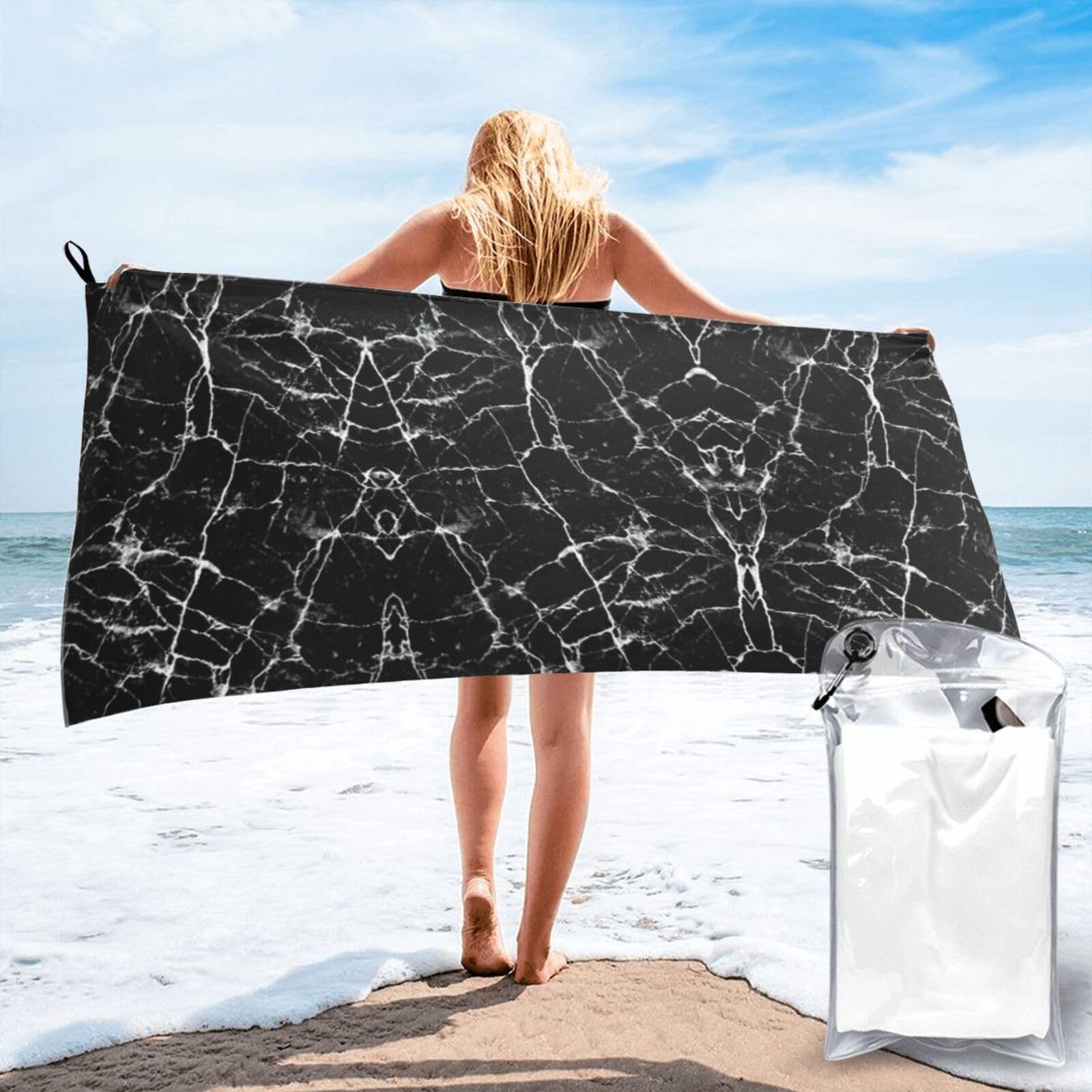 Jiuty White Black Marble Print Fast Dry Beach Towel Portable For Swimming Travel Gym Hiking Gift