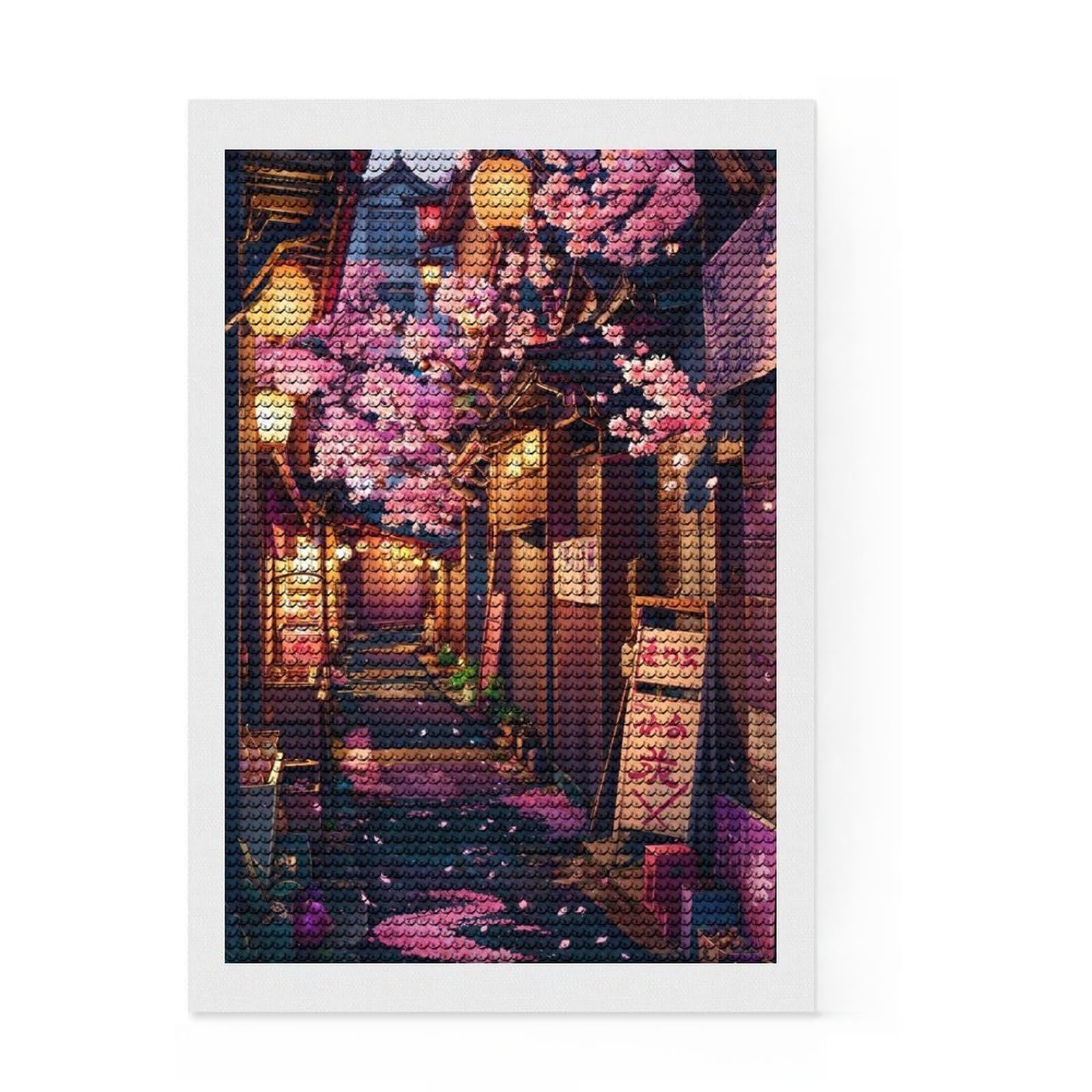 Junmoney Cherry Blossom Back Alley Round Drill Diamond Painting 8"x12", for Teens, Farmhouse Decor, Pleasing Wall Art Project, Festive Craft Gift