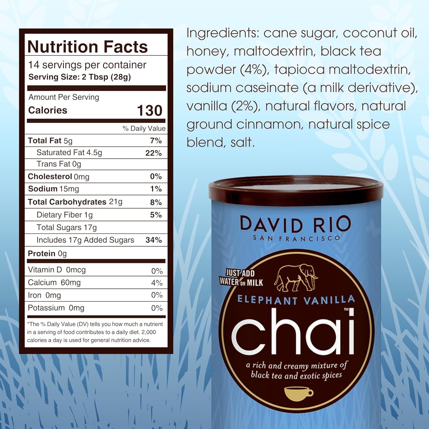 DAVID RIO Elephant Vanilla Chai® (Etichetta Ita) 389g Tin I Chai Latte with Black Tea, Vanilla, Honey & Cinnamon, Creamy Classic Tea with Caffeine
