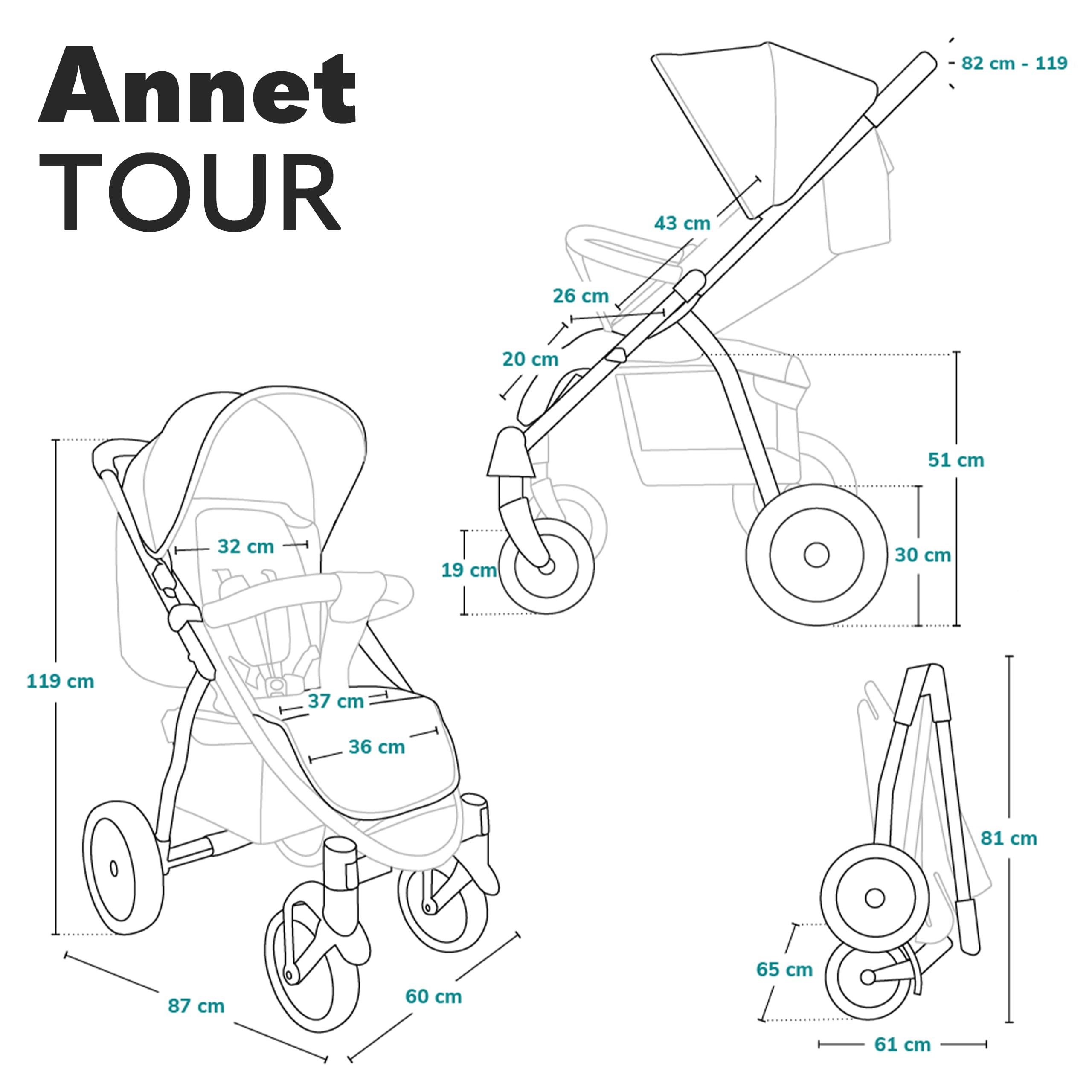 LIONELO Passeggino compatto per bambini dalla nascita fino a 22kg Pieghevole Completa regolazione Posizione sdraiata Cinture 5punti Grandi ruote Ammortizzazione Cappottina XXL (DREAMIN, ANNET TOUR) | , Posizione Sdraiata, Cinture a 5 Punti, Grandi Ruote A