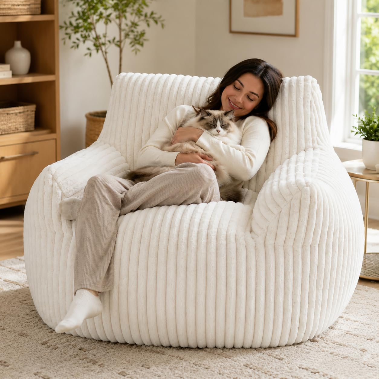 Giant Plush Bean Bag Chair for Adults, 46" Oversized Bean Bag Sofa with Armrests, Memory Foam Comfy Mini Couch Lounge Chair, 400 LBS Floor Couch for Living Room, Bedroom, Game Room, Beige