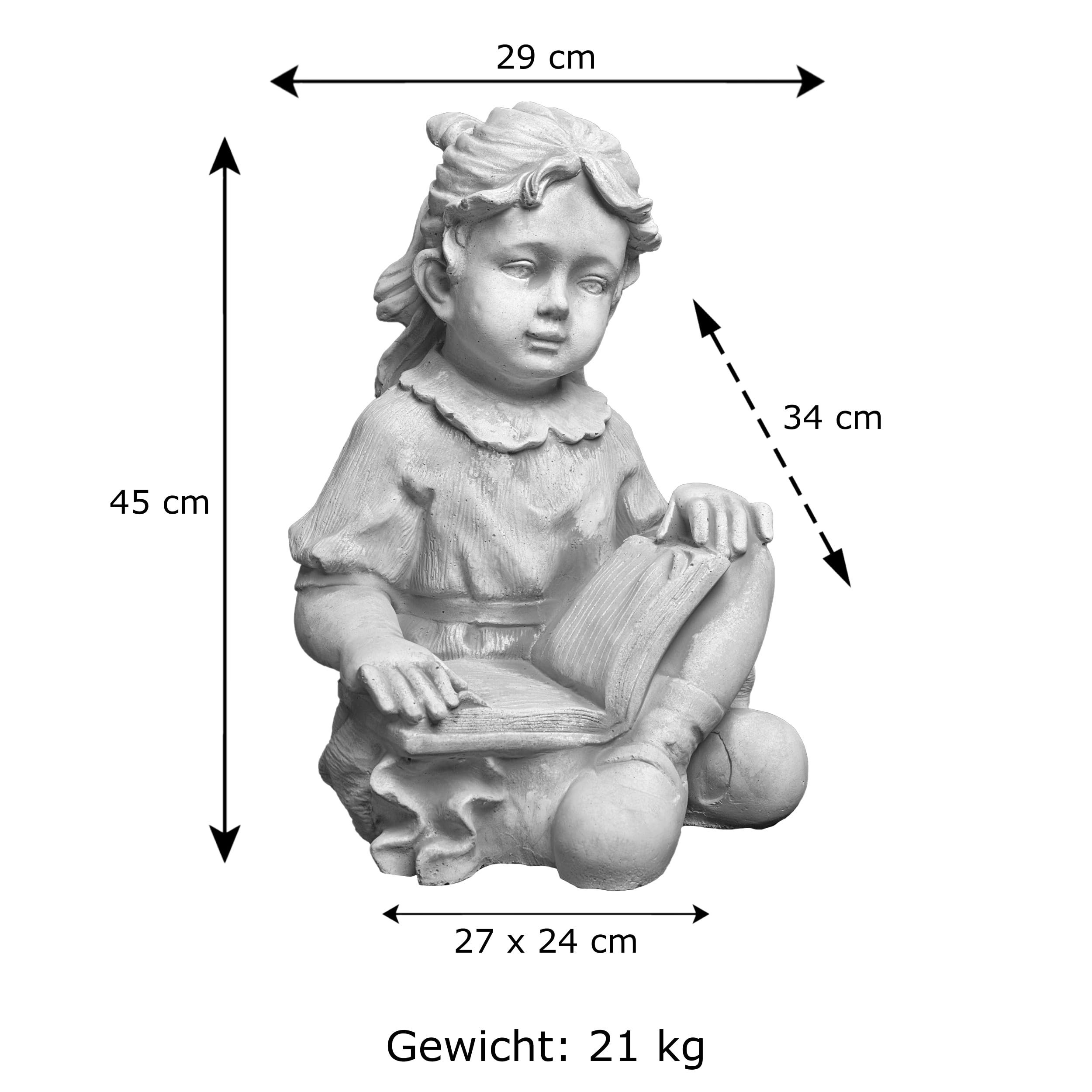 gartendekoparadies.de Mädchen mit Lieblingsbuch, Steinfigur, H. 44 cm, 26 kg, Grau, Frostsicher aus Steinguss für Außenbereich