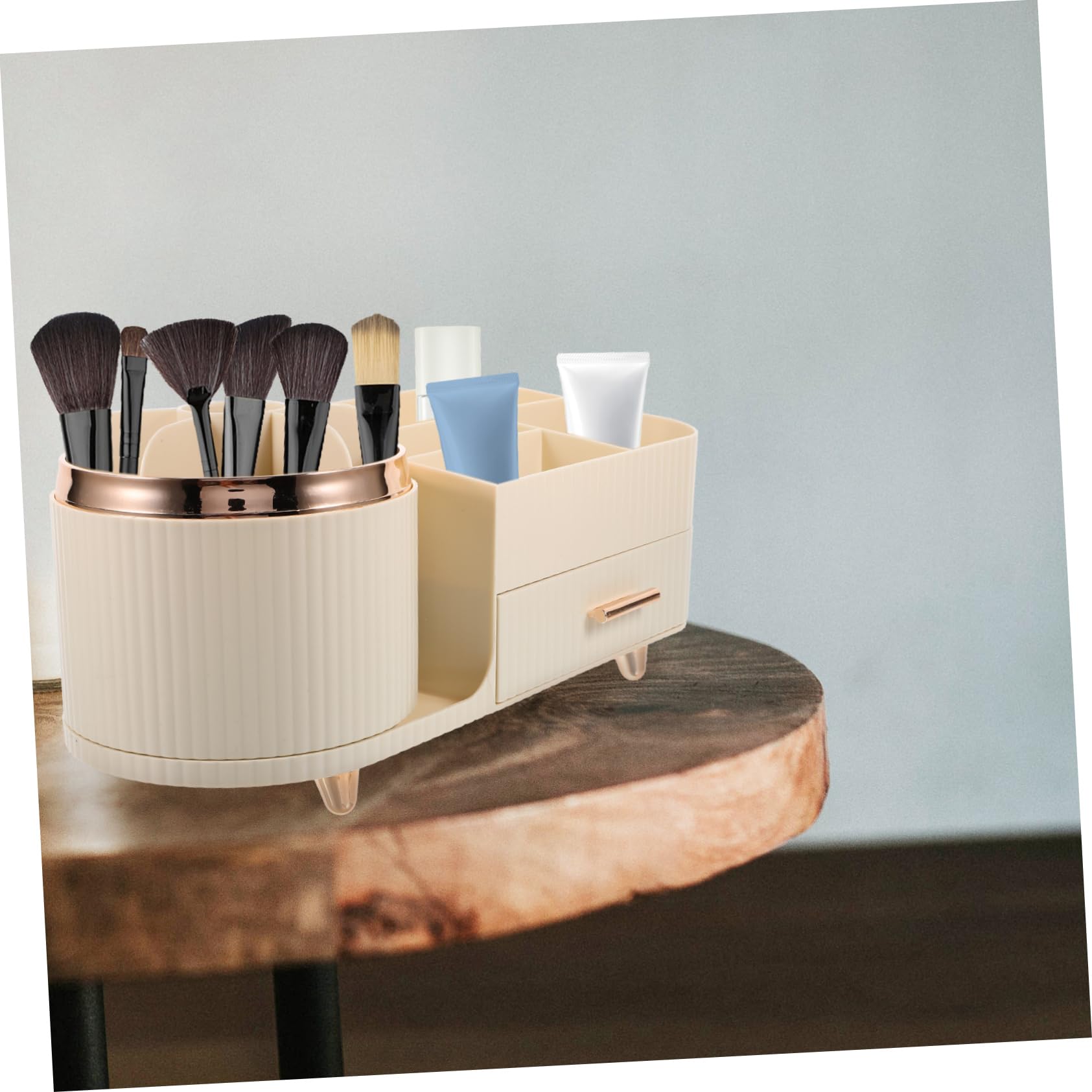 Drehbarer Große Aufbewahrung Make mit Schublade und Fächern Pinselhalter Up Kunststoff Beige für Schminktisch und Schreibtisch