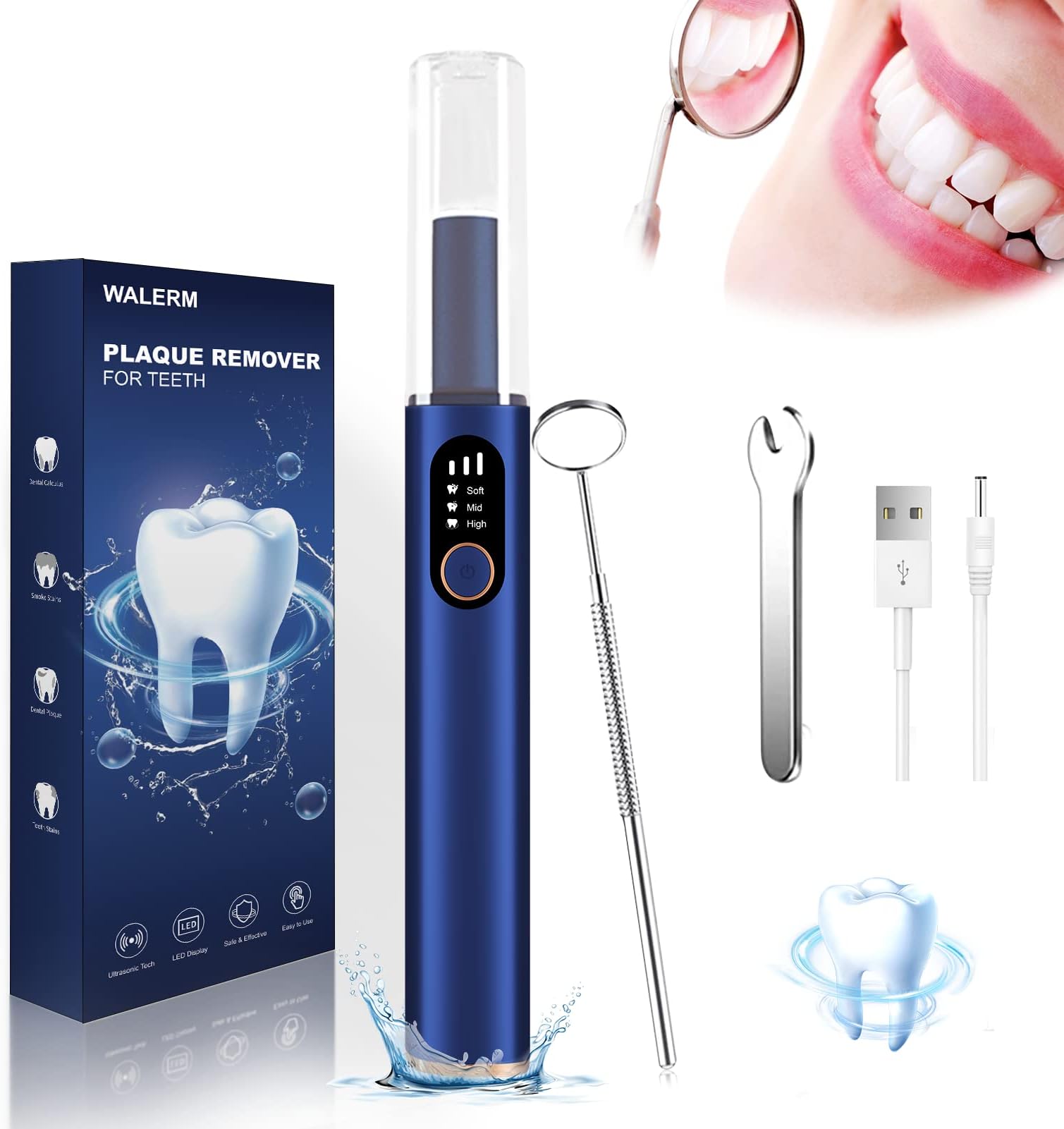 WALERM Plaque Remover With Light & Mirror, 3 Modes Rechargeable Teeth Cleaning Kit, IPX7 Waterproof/4 Heads for Home Use