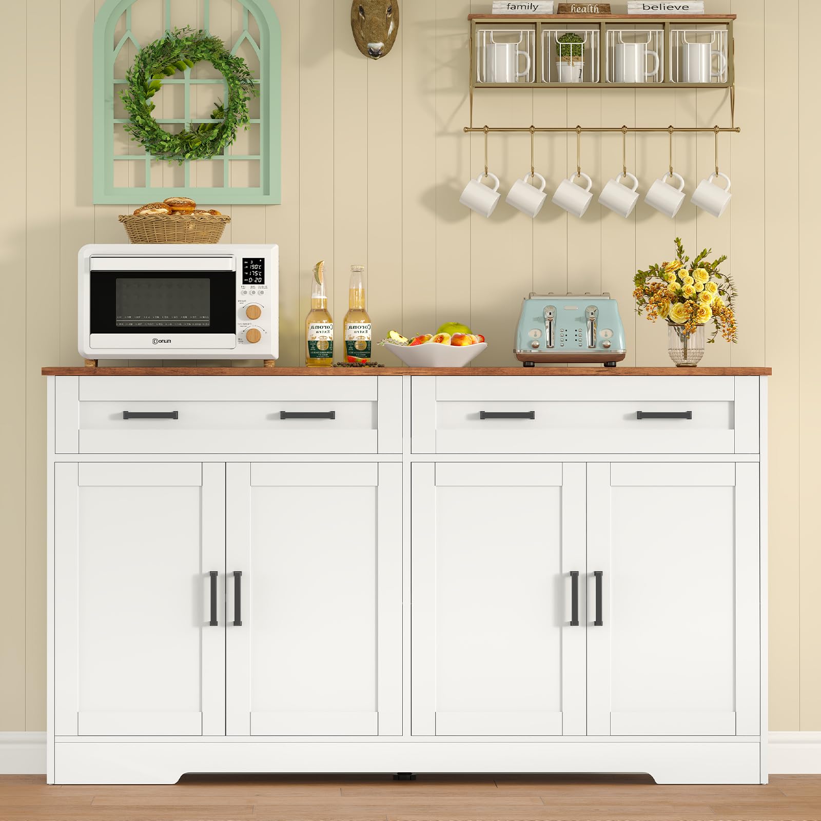 TEENFON Buffet Cuisine 140cm pour Salon et Salle à Manger, Meuble de Rangement avec 2 Grands Tiroirs et 4 Portes, Économiseur d'Espace avec Étagère Réglable, Blanc 140x40x80 cm