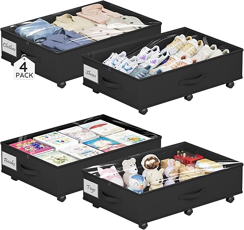 Almacenamiento debajo de la cama con ruedas, paquete de 4 contenedores de almacenamiento debajo de la cama con tapas transparentes, contenedores