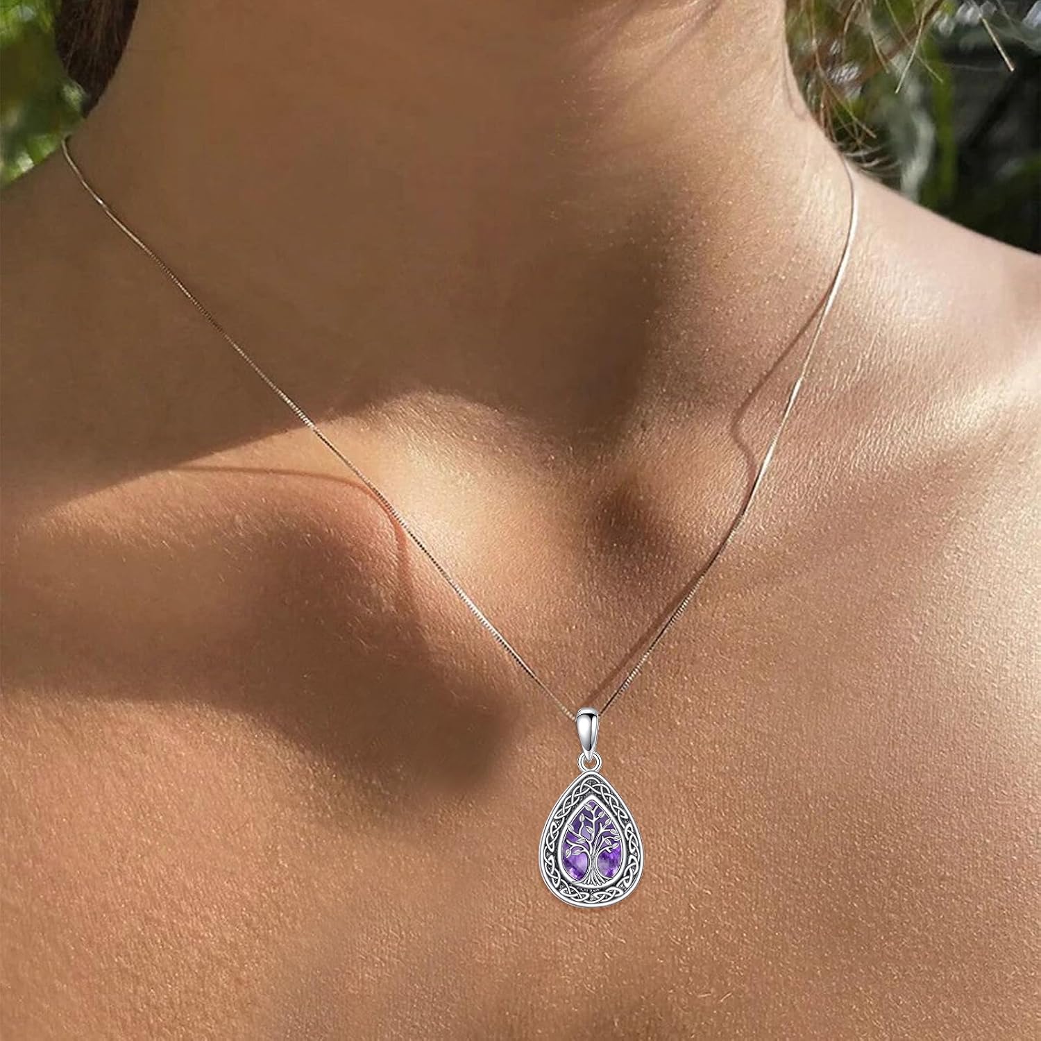 Celtic Tree of Life Necklace, Sterling Silver Pendant with Natural Turquoise/Amethyst, Boho Spiritual Jewelry Gift for Women