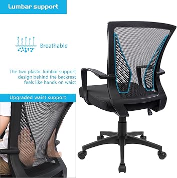 Furmax Office Chair Ergonomic Computer Desk Mesh Chair Mid Back Swivel Lumbar Support with Armrest (1, Black)