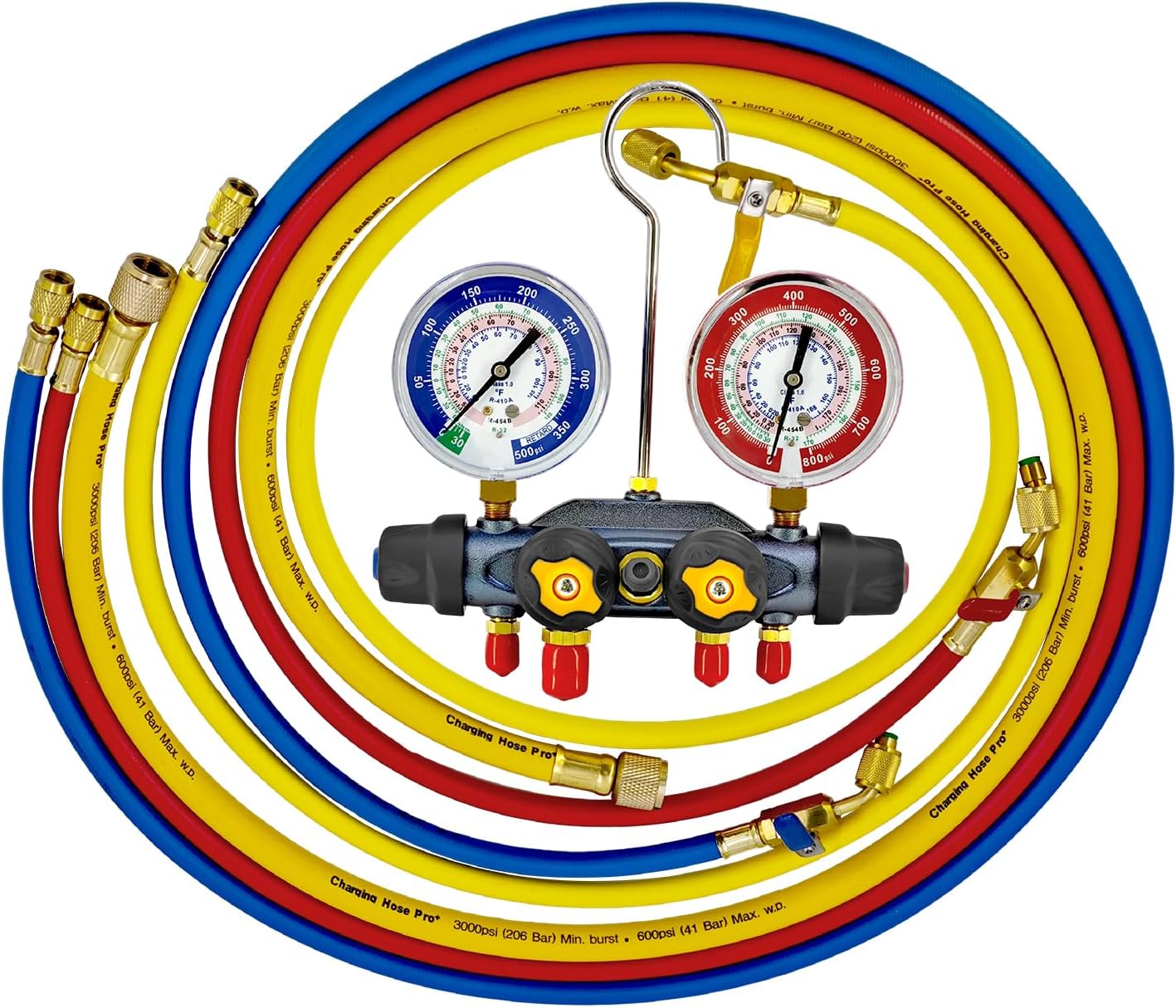 46013 4 Valve Charging Manifold Gauge with 60" Hoses for R404A/R410A/R22 | HVAC Manifold Gauge Set and 4-Valve Test with 3Pcs Hoses 1/4" Ball Valve Hose Set and 1 Pc 3/8" Vacuum Hose