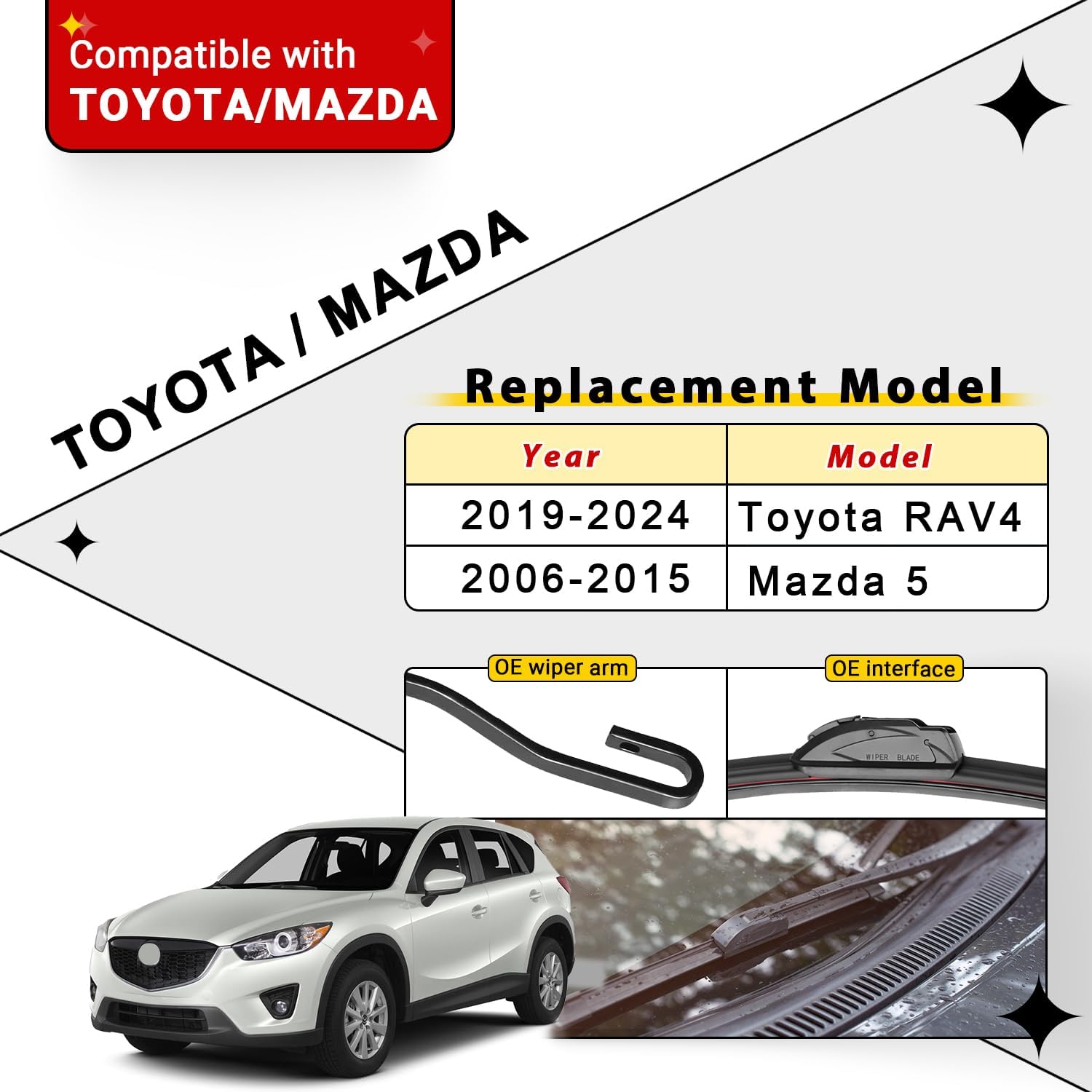 Windshield Wiper Blades Replacement for 2019 2020 2021 2022 2023 Toyota RAV4 Original Factory Quality Front Rear Wipers Blade Set for My Car - 26" 16" 12" (Pack of 3)