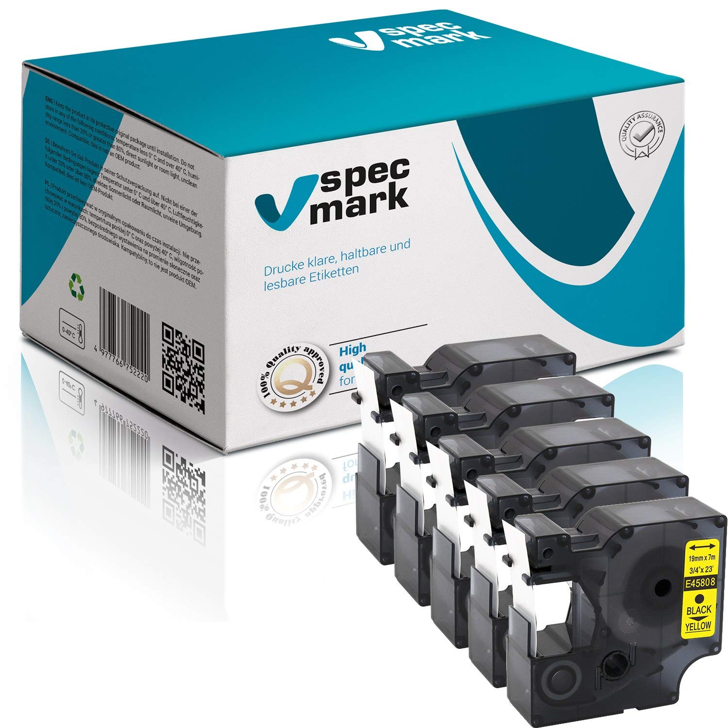 specmark Compatibile con DYMO D1 45808 S0720880 Nastro 19 mm x 7 m Set x 5 pezzi nero su giallo compatibile con DYMO D1 per stampanti LM Label-Manager LP Label-Point LW Label-Writer DUO
