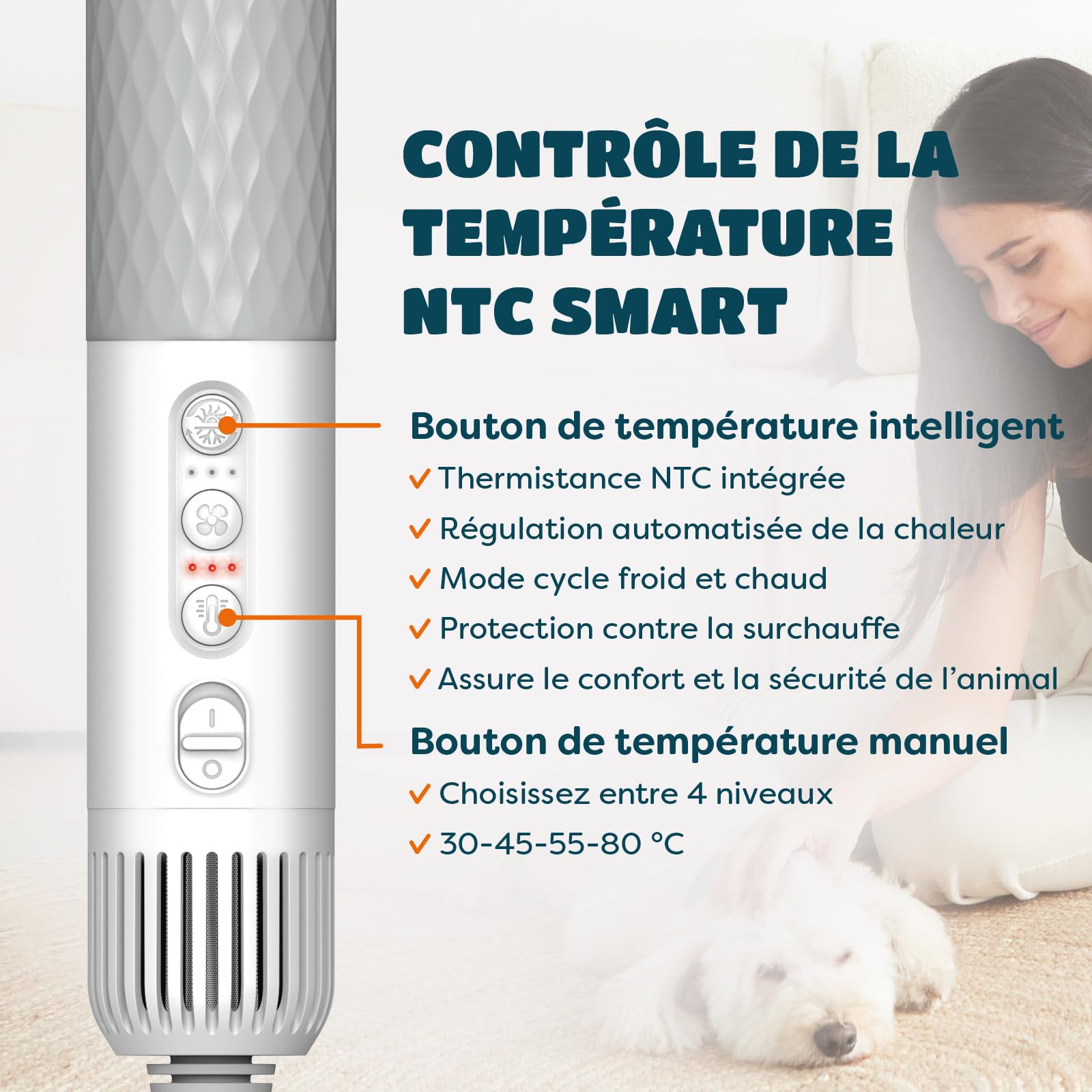 KUUBIA Séchoir 5 en 1 Pour Chien et Chat | Pulseur Avec Brosse Slicker | Sèche Poils Puissant 900 W | Portable, Silencieux, Ions Négatifs, NTC