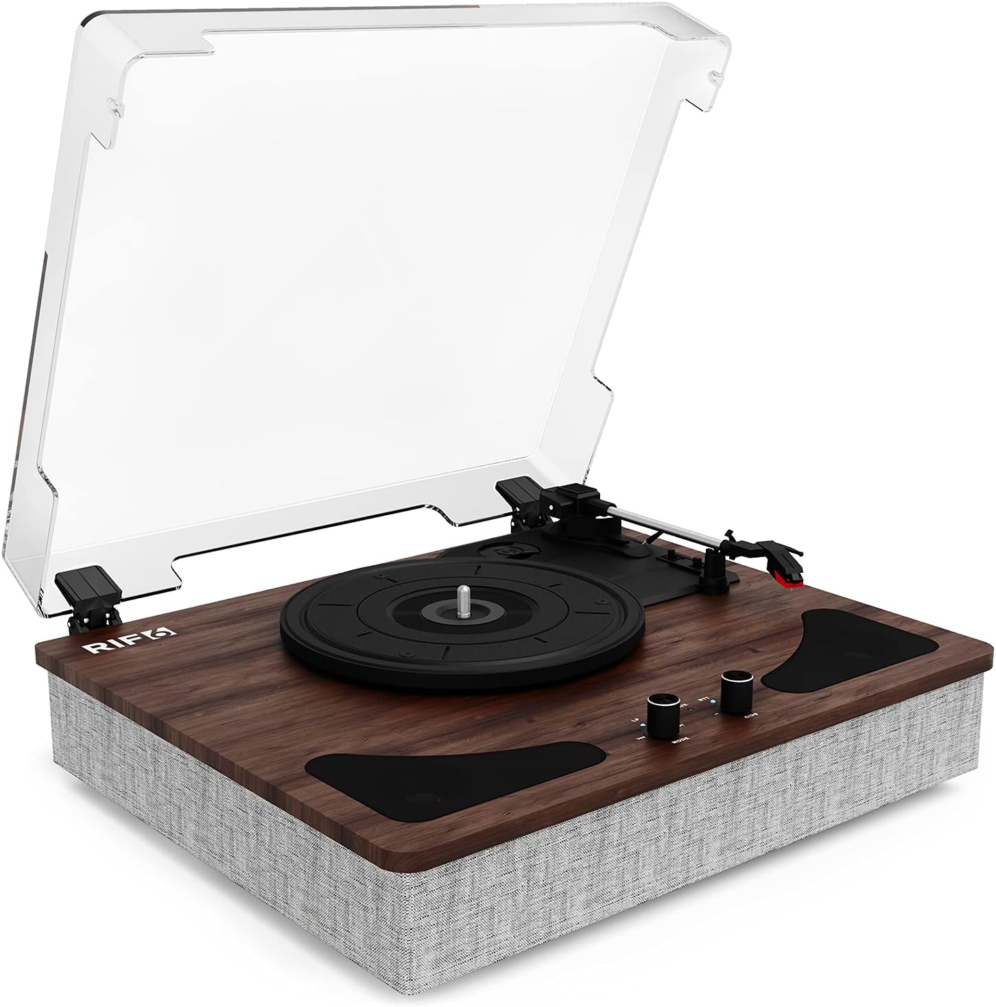 RIF6 Record Player with Speakers and Anti Dust Cover — 3 Speed Vinyl Player with Ruby Needle — Bluetooth, Auto Stop Function and Vibration Isolation System — Dark Brown Wood
