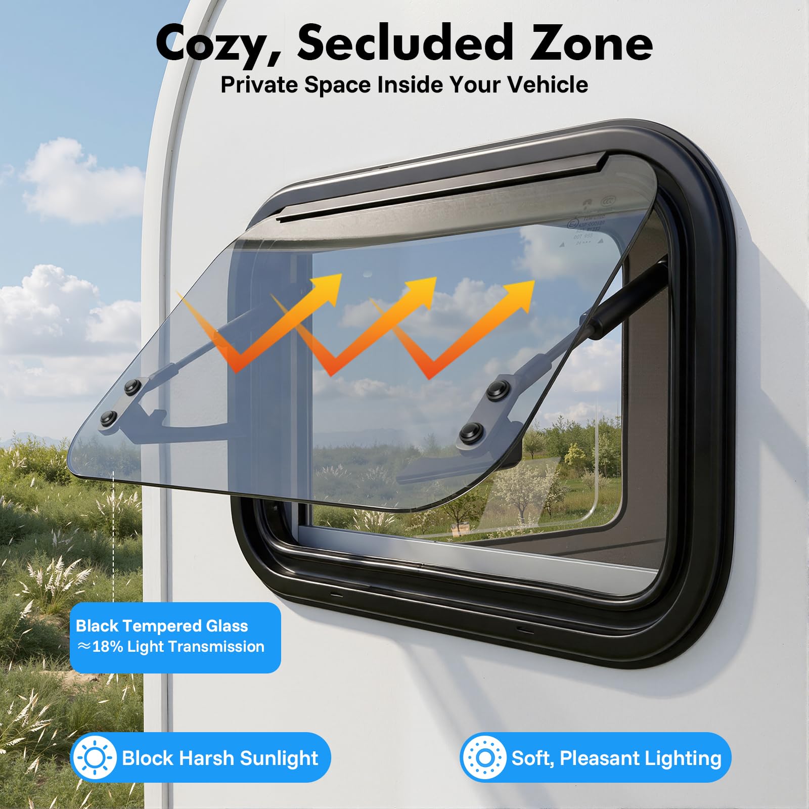 Ventana lateral de caravana negra, ventana para autocaravana con pantalla y parasol solar, transmitancia luminosa del 18%, ángulo de apertura de 0-85°, para autocaravanas, caravanas, autocaravanas
