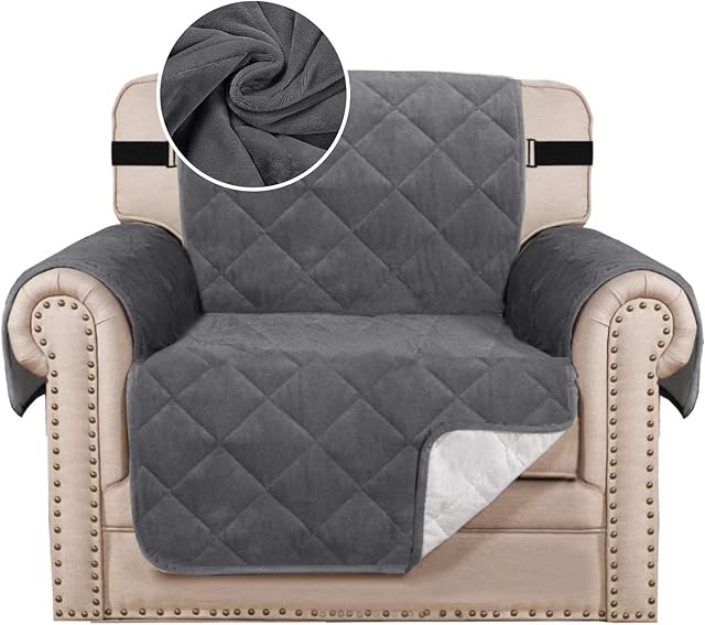 BellaHills Thick Velvet Sofa Covers Plush Couch Cover for Armchair Slipcover Protector from Pets Dogs with Non Slip Backing and Wider Elastic Strap (1 Seater/Chair, Grey)
