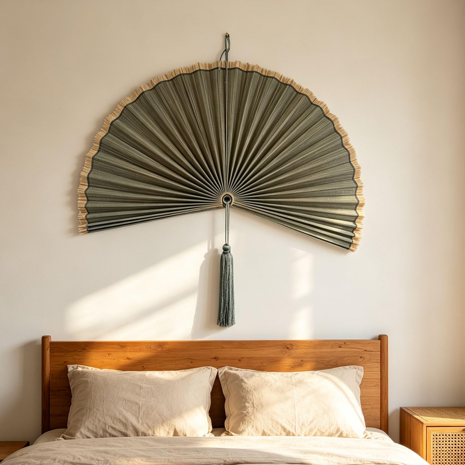 Large Wall Fan Decor, Giant Handcrafted Bamboo Folding Ornament, 30 Inch Oriental Chinese Style Hanging Art, Boho Room Accent for Bedroom, Living Area, Indoor, Above Bed, Headboard，Grayish-Green