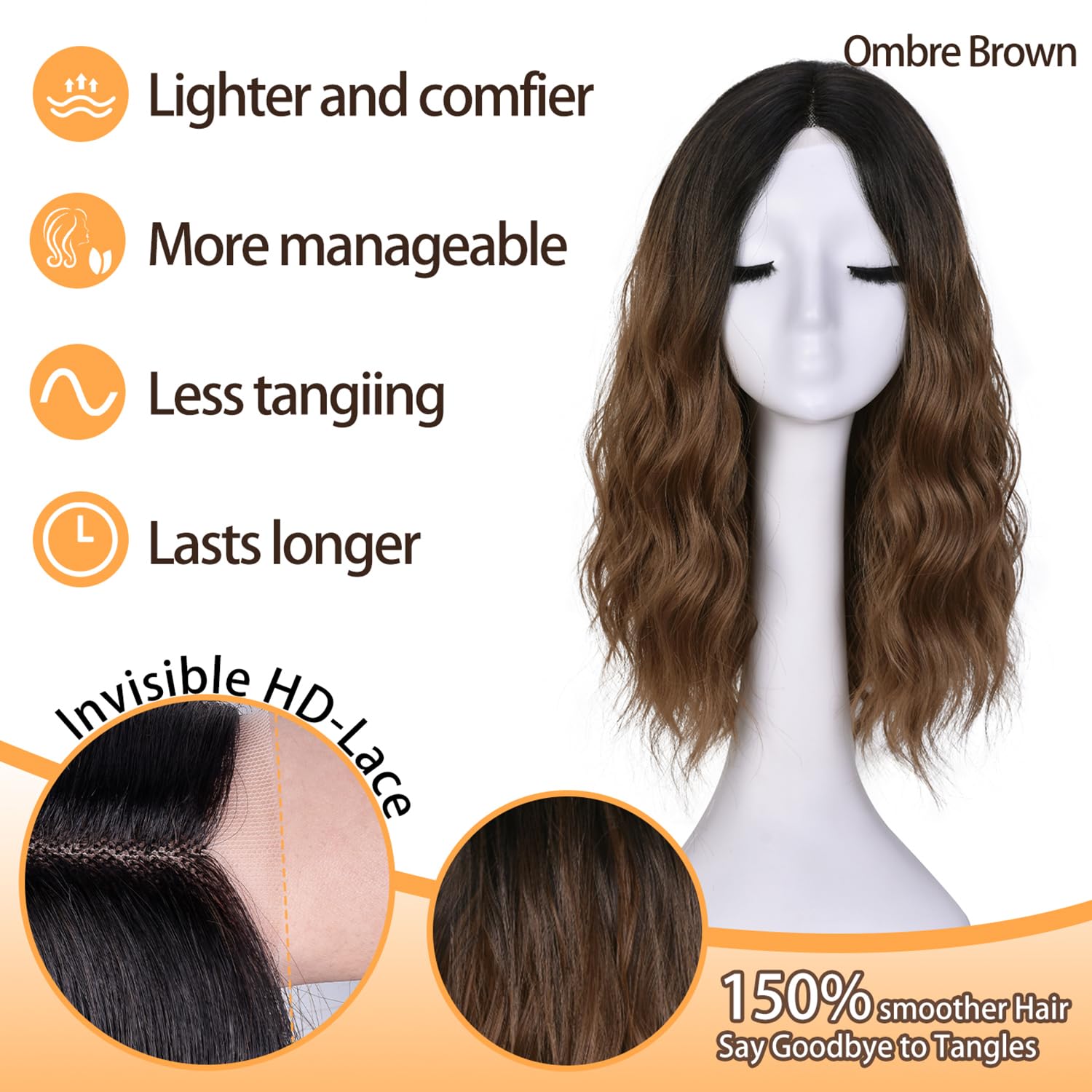 Short Wavy Wigs for Women Bob Wavy Wig T-Part Lace Hairline Style Synthetic Heat Resistant Fiber Hair for Daily Work Use Ombre Brown