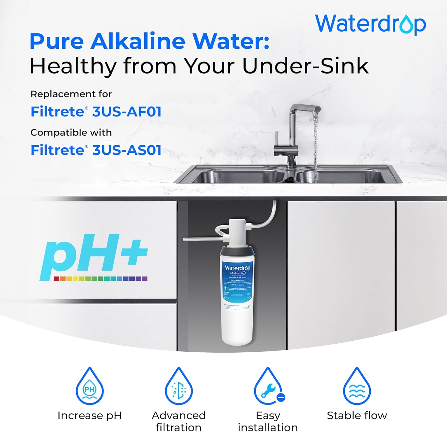 Waterdrop 3US-AF01 Under Sink Water Filter, Replacement for Filtrete® 3US-AF01, 3US-AS01, Aqua-Pure AP Easy C-CS-FF, WHCF-SRC, WHCF-SUFC, WHCF-SUF, Upgraded Alkaline Filter, 1 Pack