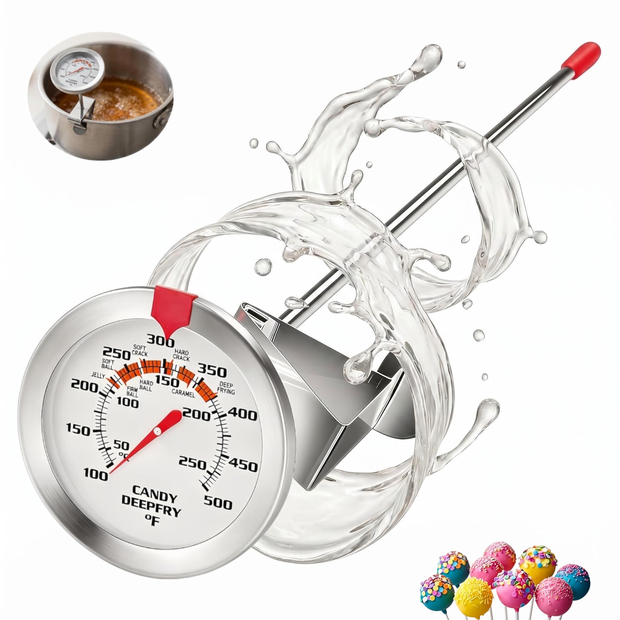 Termómetro de caramelo con esfera grande de acero inoxidable y sonda larga, referencia de temperatura para hacer dulces, postre, freír alimentos