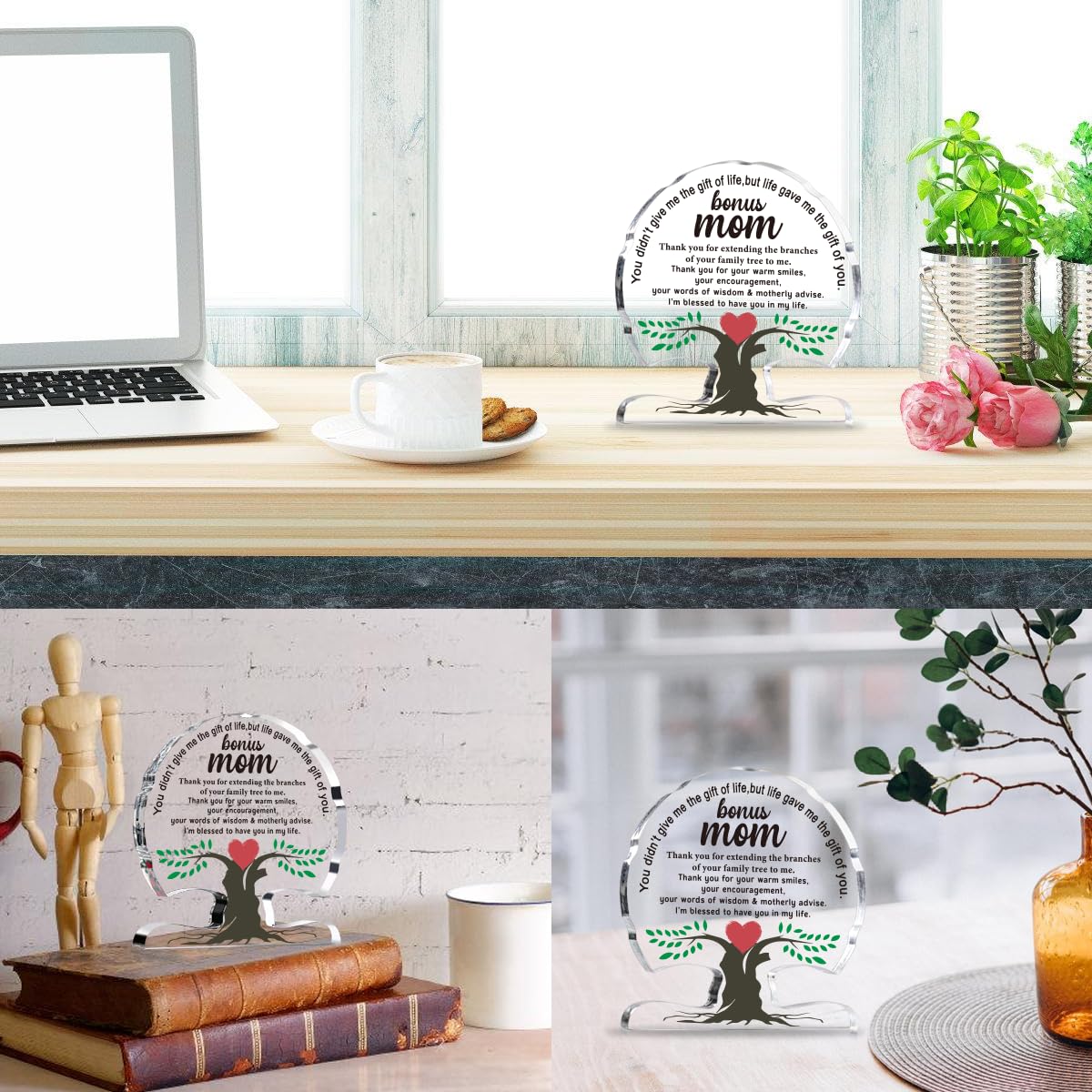 Bonus Mom Gifts from Daughter Son, Birthday Gift for Step New Mom, Stepmother, Mother, Unique Thank You Mom Gifts Acrylic Tree Desk Signs Home Decor Plaque, Mothers Moms Day Gift