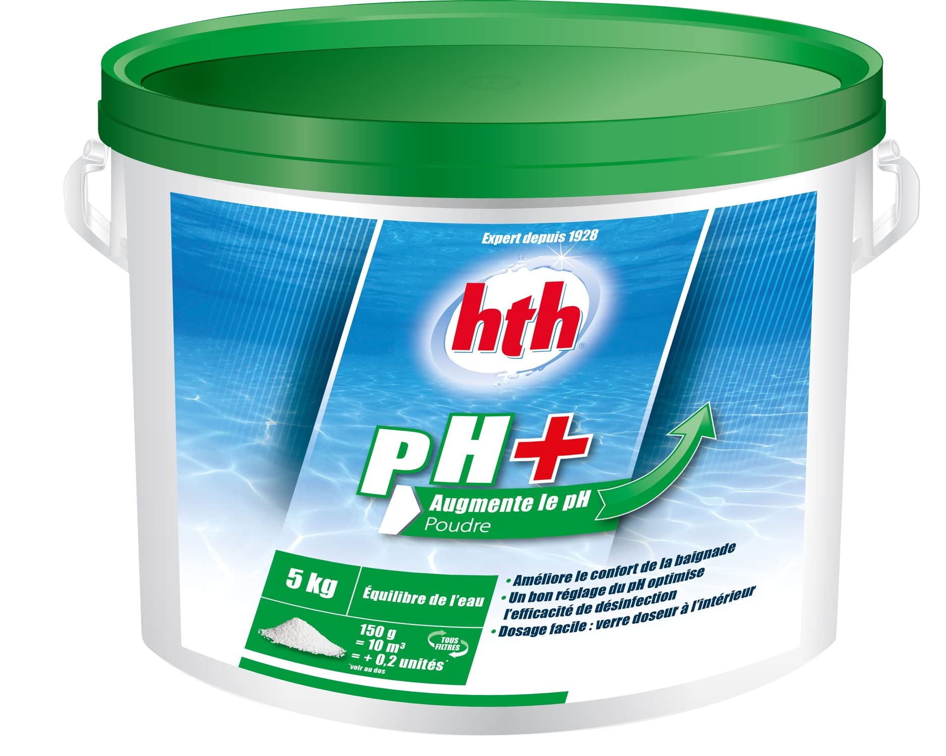 HTH pH Plus Poudre - 5kg | Correcteur de pH Solide - Augmente Le pH + 10 Tests HPS OFFERTS 6 en 1