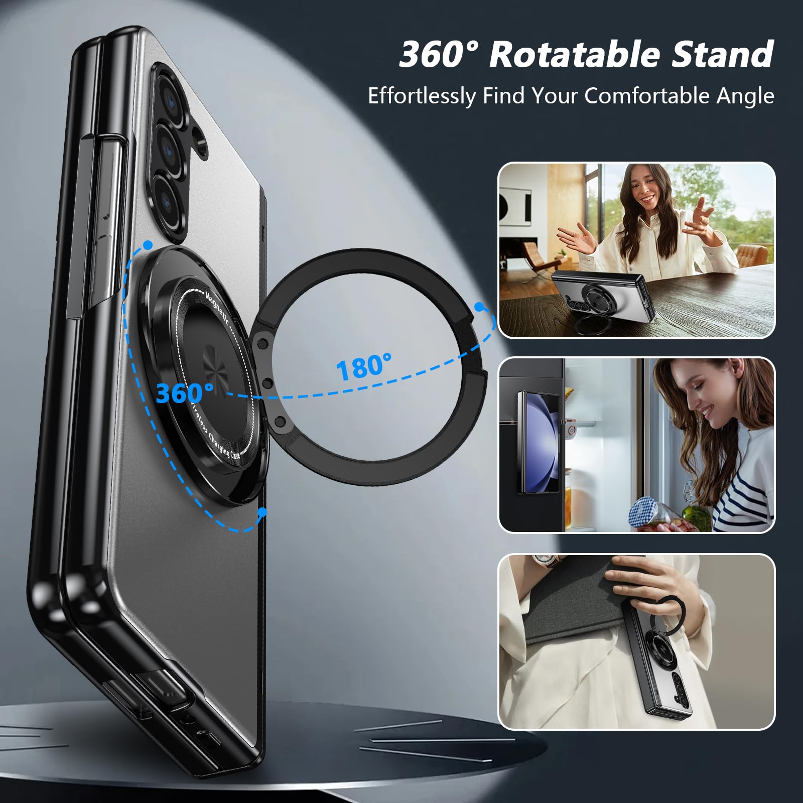 Custodia per Samsung Galaxy Z Fold 5 con protezione per cerniera e pellicola proteggi schermo e cavalletto ad anello in metallo, resistente, di grado militare, resistente alle cadute, per