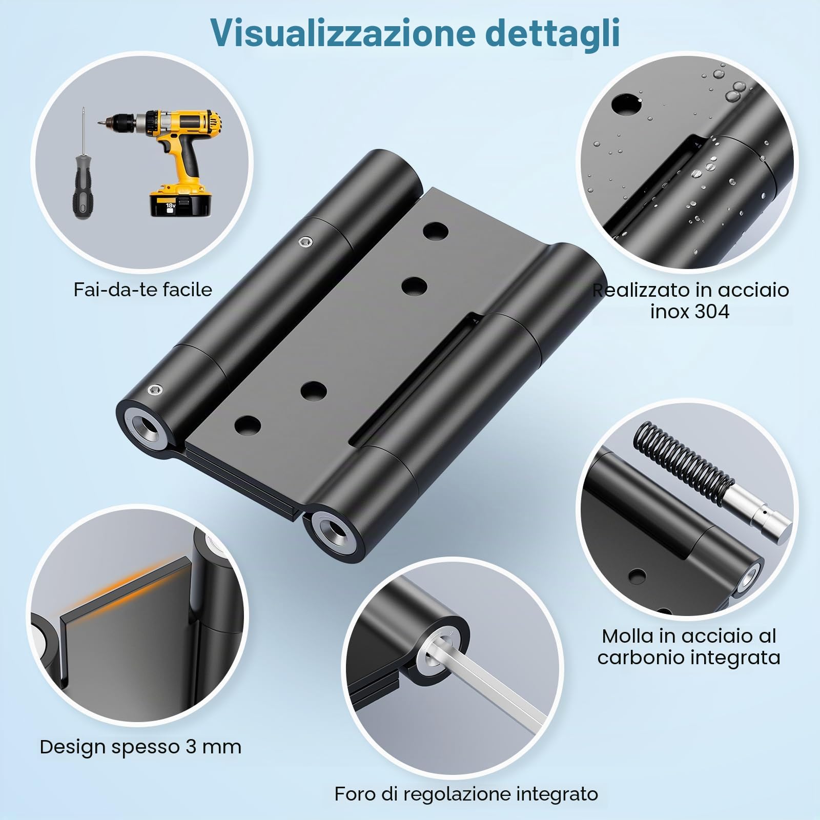 (2 pz) Cerniera Doppia Azione 76mm,Acciaio inox massiccio ispessito (Max 30kg), Regolabile e Autochiudente,nero,per Porte a Battente,Saloon, Bar,Ristoranti,Cucine,Banconi,Uso Interno/Esterno