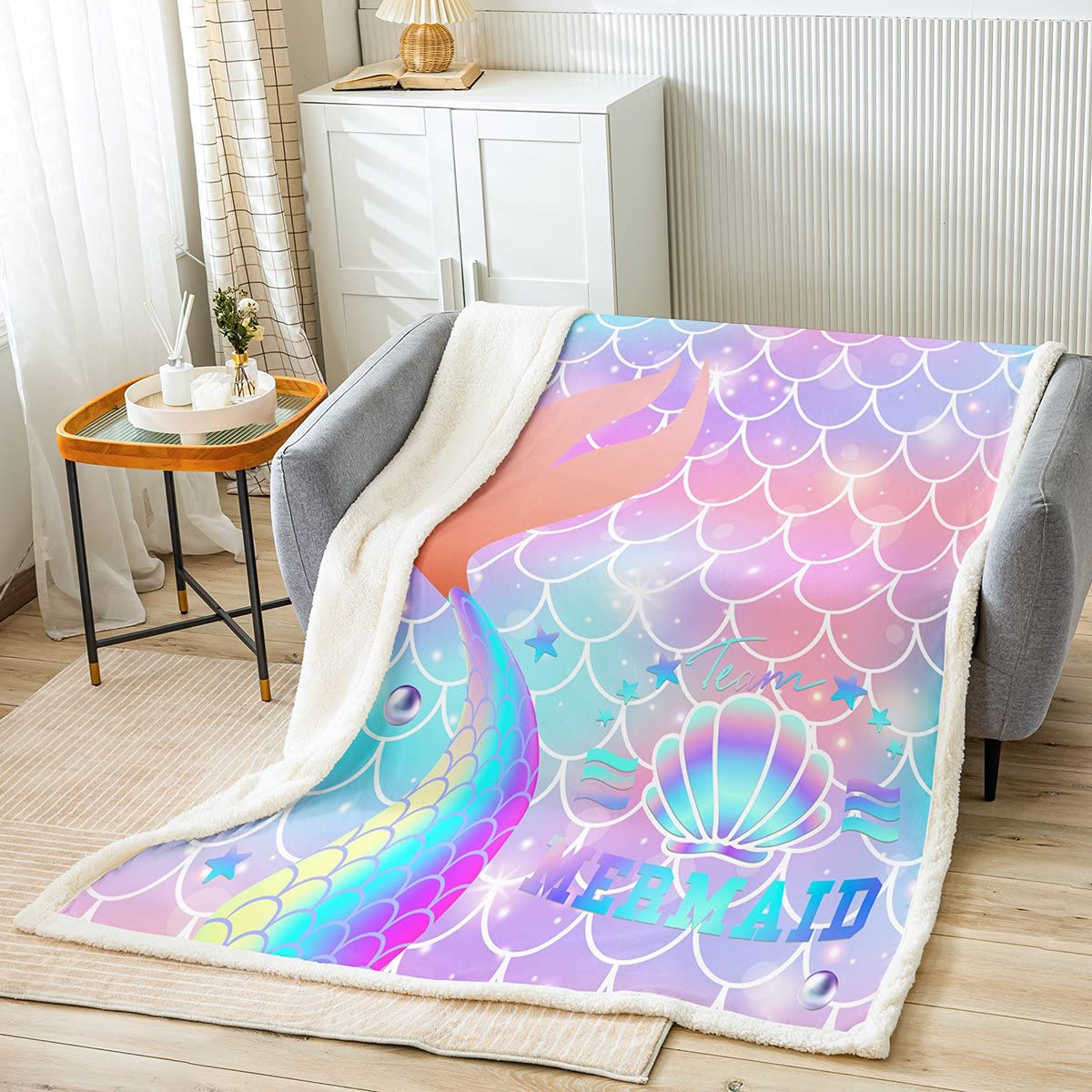 Loussiesd Cute Mermaid Fish Sherpa Blanket Girls Kids Fish Scales Fleece Throw Blanket Magical Colorful Seamless Fuzzy Blanket for Sofa Bed Ocean Sea Animal Kawaii Dreamy,Double 60x79 Inch