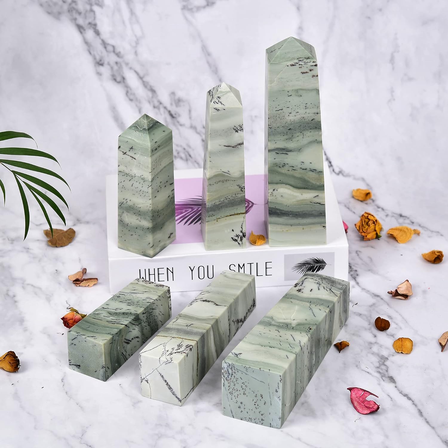JIC Gem Natural Large Dendritic Jade Obelisk Tower Grass Jade Gemstone Tower Crystal Quartz Wand Tower Healing Crystal Energy Wand 1.3-1.8 Lbs