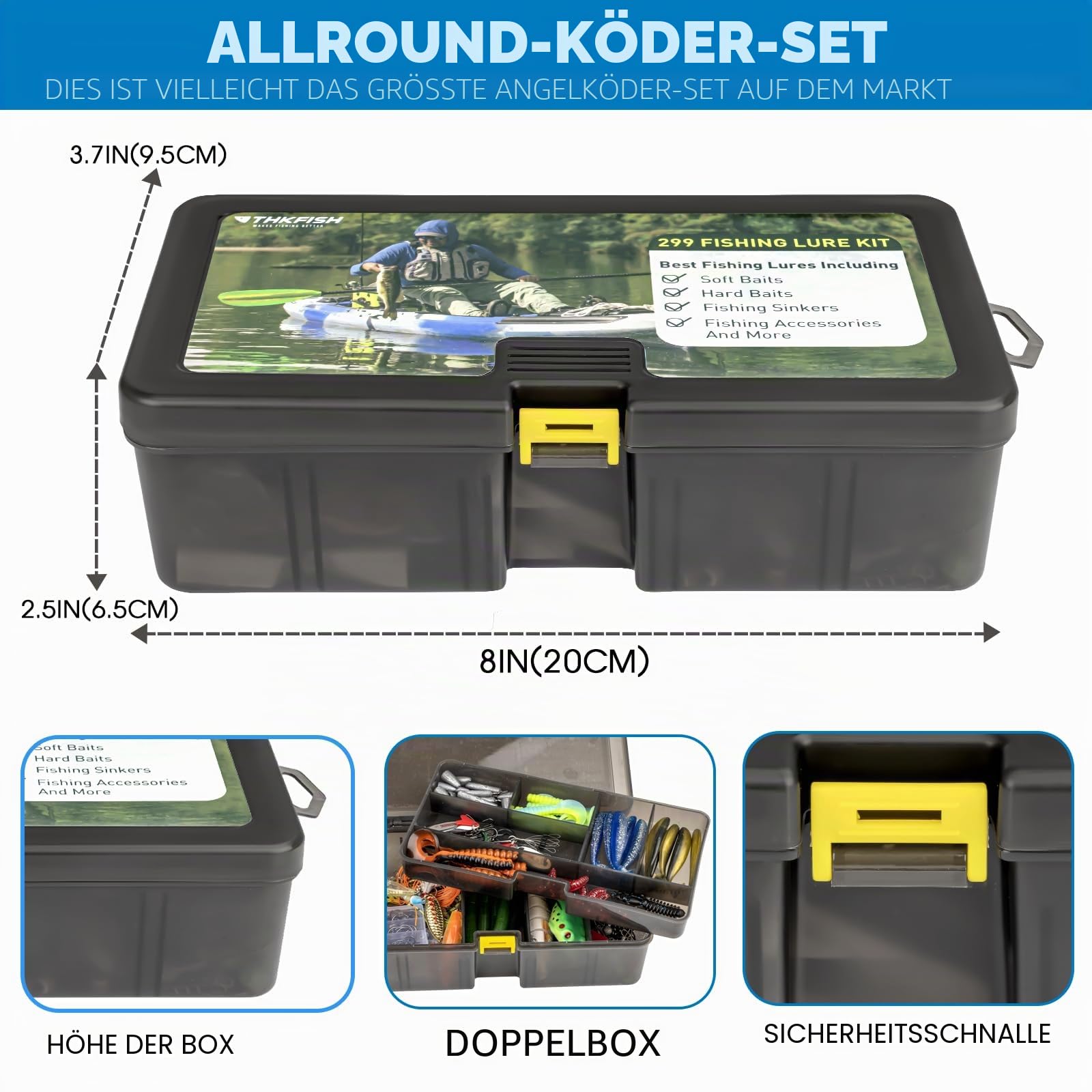 THKFISH Angelköder-Set, 299 Stück Angelzubehör Ausrüstung, Angelset Angelsachen Angelkoffer Köderbox mit Angel Zubehör Köder Angelhaken Angelblei Spinnköder