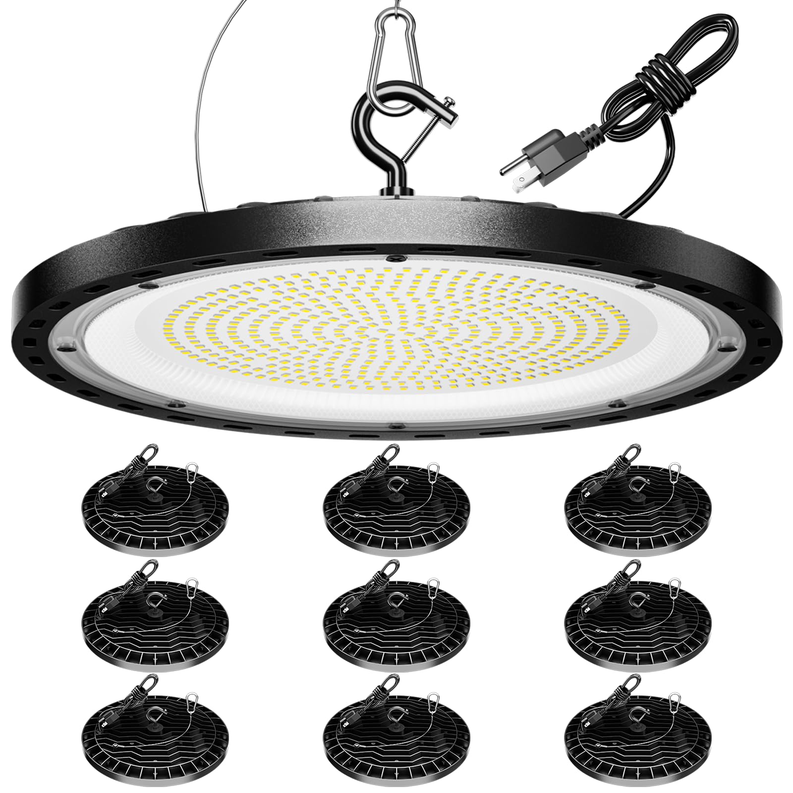 Photo 1 of 10 Pack 200W UFO LED High Bay Light, 29500lm 5000K Shop Lights for Warehouse, 5' Cable with Plug AC110-277V, Waterproof Commercial Lights for Barn Workshop Garage Factory Warehouse Gym ETL Listed