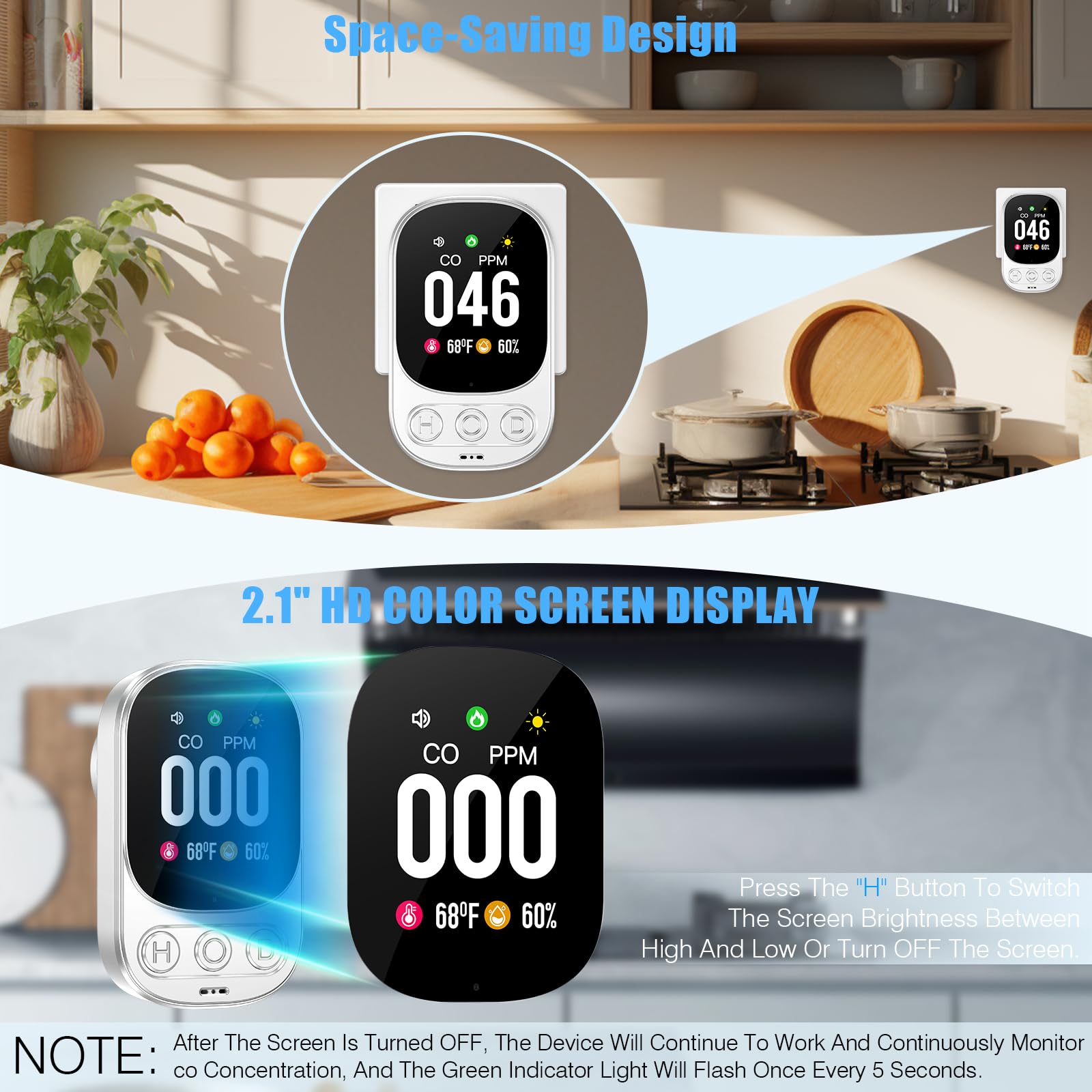 YOJOCK Rilevatore di Monossido di Carbonio 3-in-1 con Sensore di Temperatura e Umidità, Facile da Installare, Certificato EN 50291 – Rilevatore CO Portatile per Casa, Cucina, Garage (Bianco)